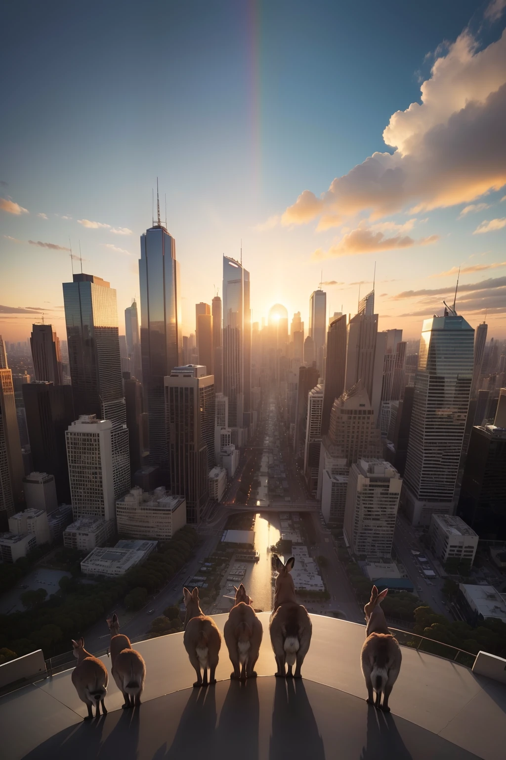A large herd of kangaroos standing on top of a tall building in the middle of Melbourne city looking around curiously, (((wide shot))), sunset in background, skyscrapers, Melbourne city, (((Melbourne skyline))), buildings, city skyline, vibrant sky, (((subject: large herd of kangaroos standing on roof top of tall building))), cinematic, hyper realistic photo, 8k render, curious animals, overcast, (((herd of kangaroos))), rainbow in sky, candid photo, Aussie, city life, top view shot, numerous kangaroos