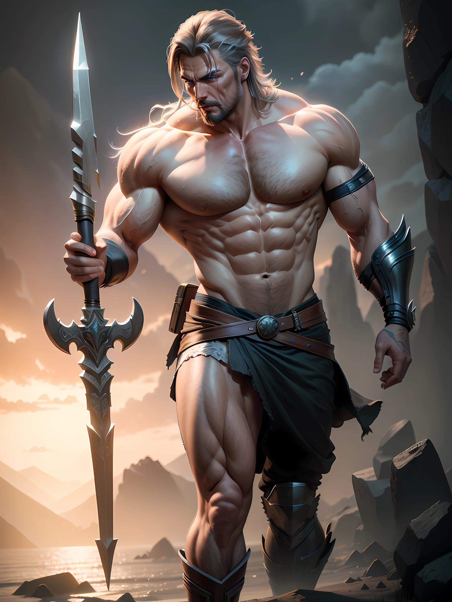 God of thunder, short hair, masculine physique, holding magistical stick, hyperealistic, photography award, ultra realistic, wide angle, high detail, volumetric light , Trending on art station, Unreal engine, 8k