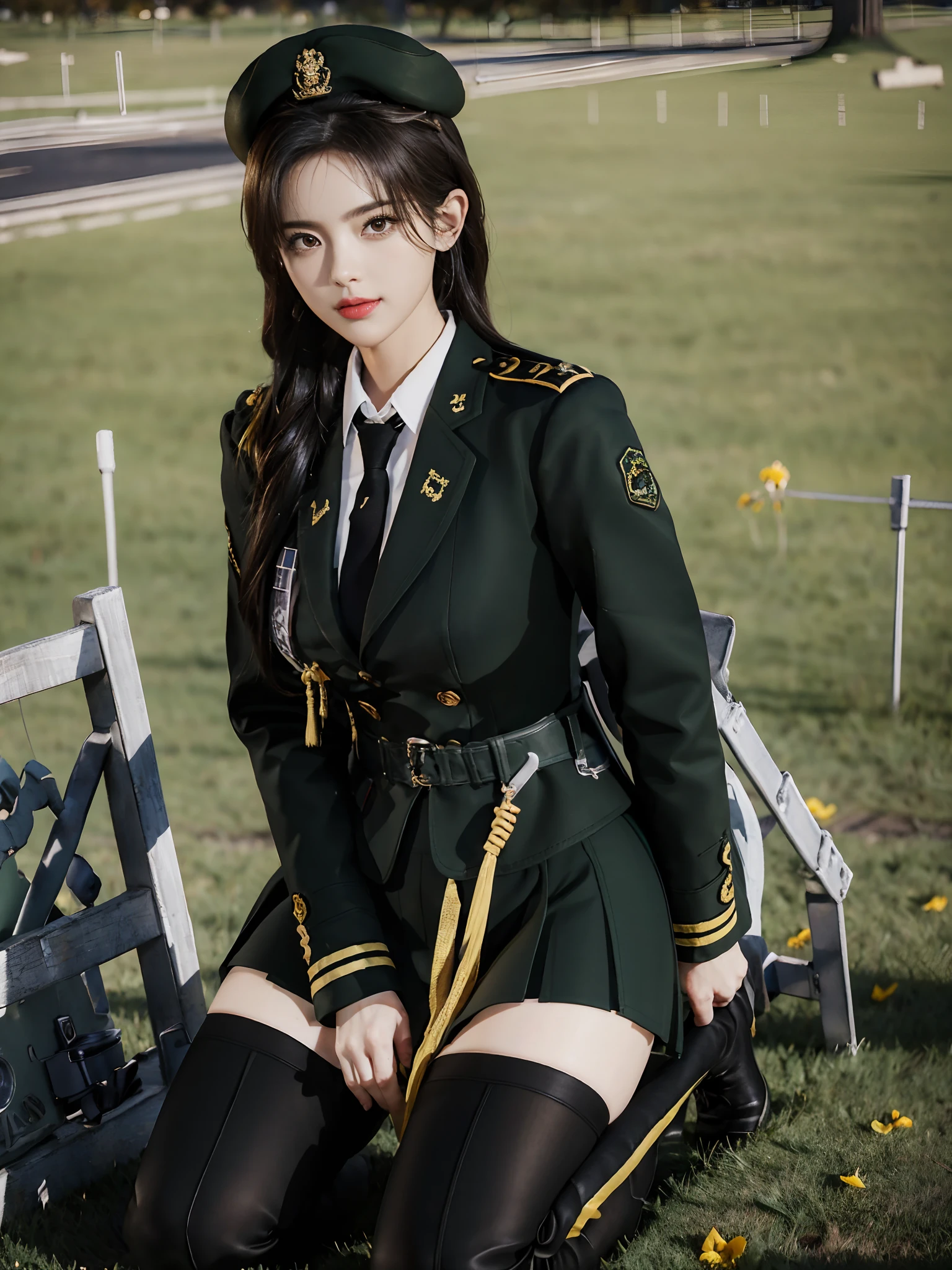 Very detailed CG unity 8K wallpaper，（tmasterpiece），（best qualtiy），（ultra - detailed），（Ultra photo realsisim），（best character detail：1.36），Nikon D750 f / 1.4 55mm，profesional lighting， physically-based renderingt, 1girll, Female soldier，army suit，Green military uniform，Fabric texture military uniform，Pure white lining，Dark green tie，Army green skirt，military hat，Black hair，the golden ratio,[:(com rosto detalhado:1.2):0.2]:,PureErosFace_V1, broad shoulder,(Bigchest:1.5),(big assa:1.5)，Wide buttock ，Bare legged，Plump legs，Move the center of gravity back，Feet forward with your hands outstretched，put both feet in the hand circle，whitestocking，hands in front of your feet，Hold your legs，kneeling down，Kneel on the grass，Soaked with sweat，red flags，At the cafe，Night Street，bright sun，Look at the audience from the front，Bright smile，White teeth，lighting，Contre-Jour，