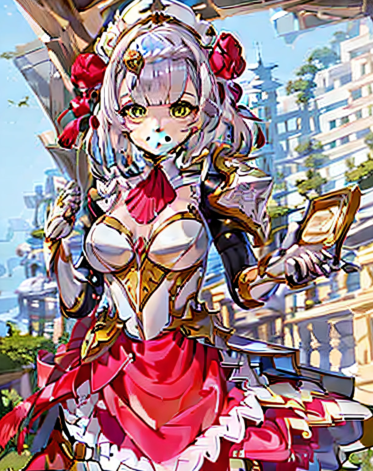 Best quality,Highly detailed,Masterpiece,Ultra-detailed,Solo,(1girll),(Delicate eyes),(full bodyesbian),noelle_\(Genshin_impact\), 1girll,(Green_Eyes:1.2//),Silver hair, short_Hair, mediating_Breasts, Rose, Red_flower,(china dress:1.2), Red_Rose, Hair_flower,Upper body, Smile