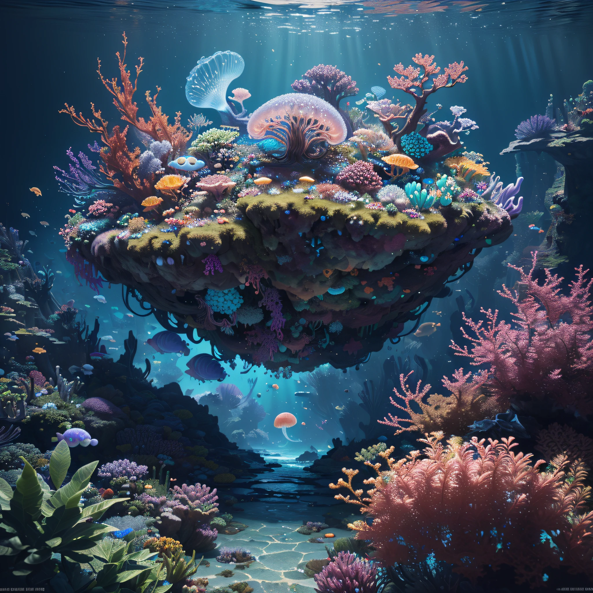 ((perspective)) microscopic world, vista, underwater fantasy,((masterpiece)), best quality, high quality, ((extremely detailed CG unity 8k wallpaper)),(fantasy), complex background, underwater fantasy world, fish school, Glowing jellyfish, colorful, (abyss)), staggered stone platforms in the abyss, glowing undersea plants, 3D digital painting, award winning photography, bokeh, depth of field, HDR, chromatic aberration, photorealistic, extremely detailed, artstation Trends on CGsociety, Intricate, High Detail, dramatic, art by midjourney, --v 6