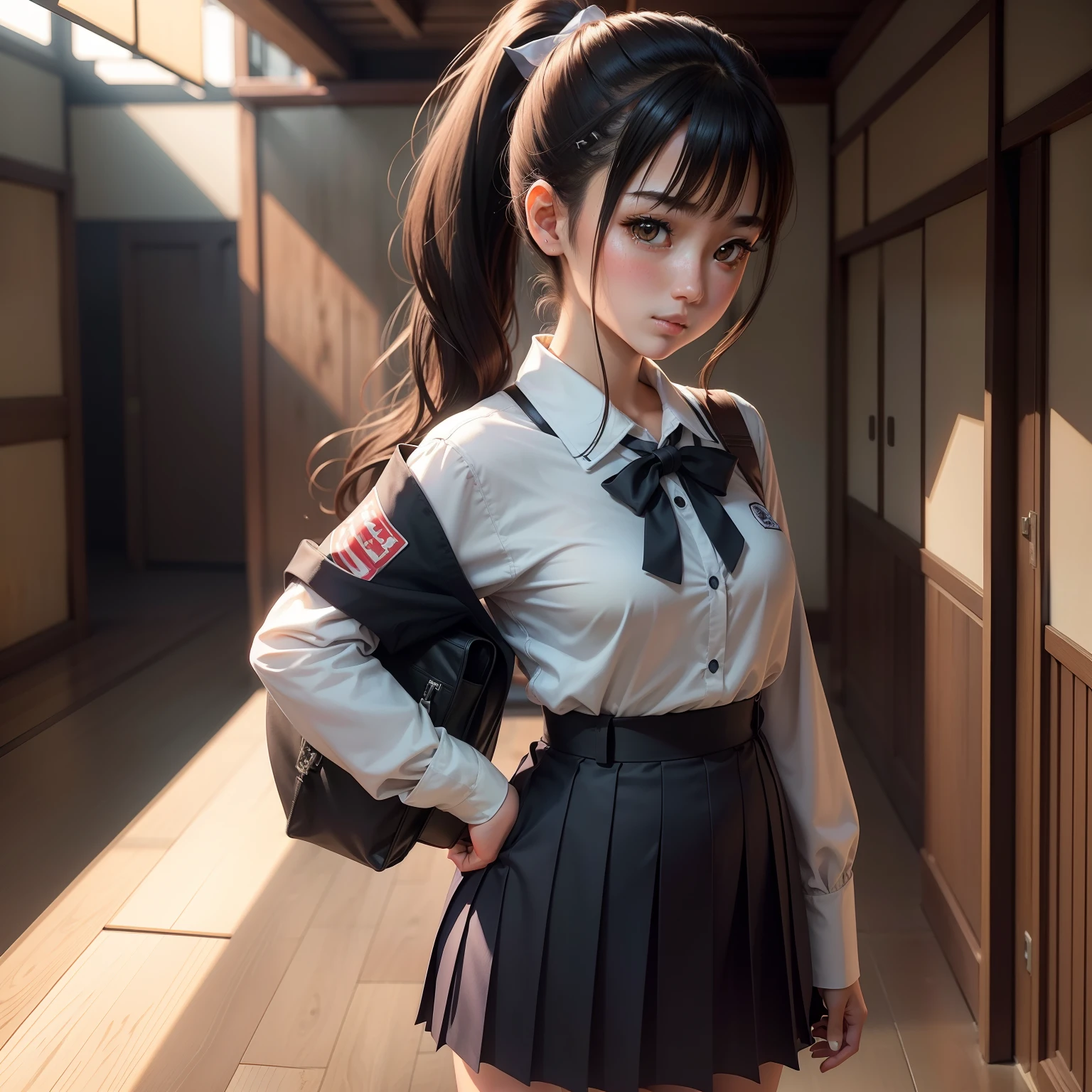 Life-action high ponytail 18 years old cute two pistols Japanese school uniform,Exquisite details,The background is beautifully lit and shadowed。