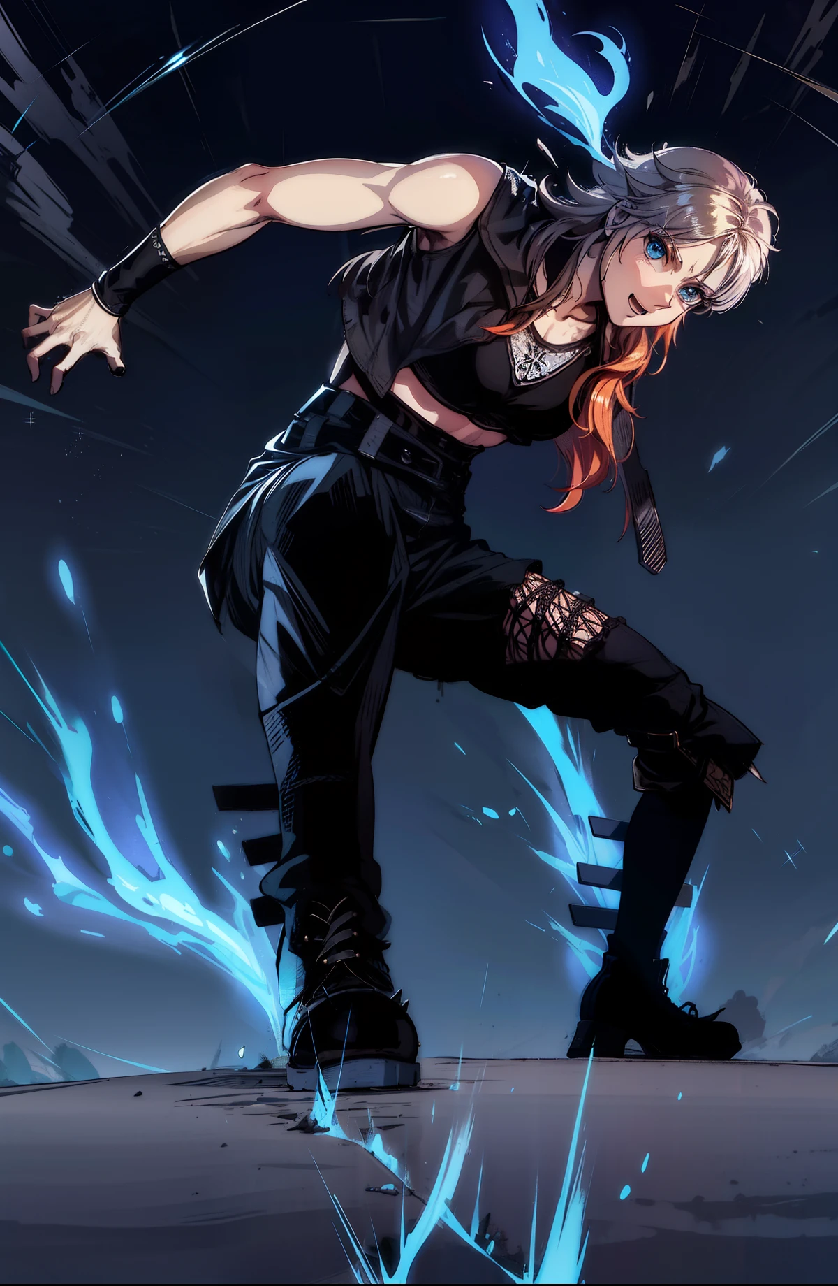 Guerreira viking com roupas de couro de rock e runas em seu corpo volta de chamas azuis fantasia 8k