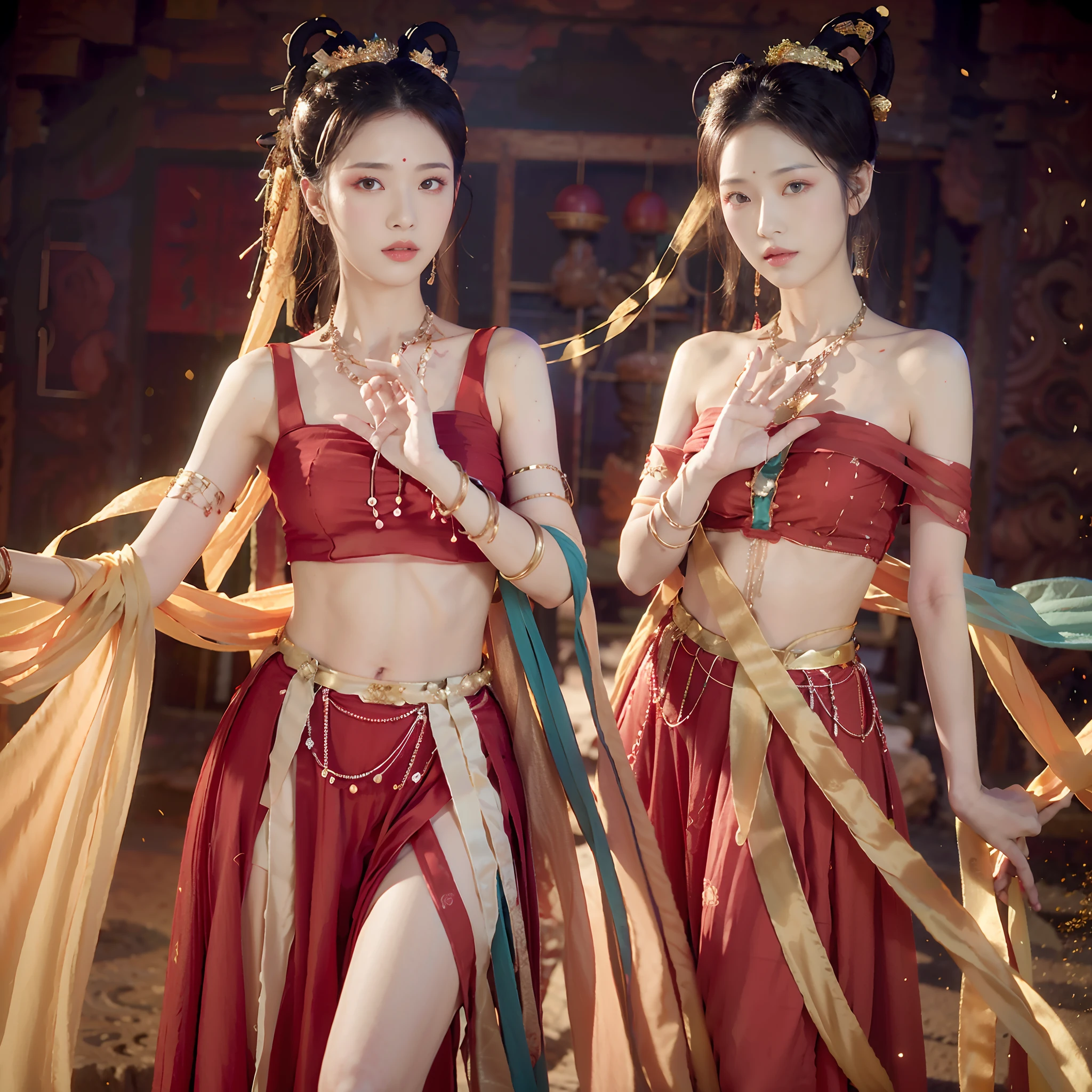 (8k, RAW photo, best quality, masterpiece:1.2), (realistic, photo-realistic:1.4), (extremely detailed CG unity 8k wallpaper), (1 girl:1.5), Western beauty, (Red clothes: 1.4), red spots on forehead, pale skin, blush, big eyes, full body, thighs, open navel, gold waist chain, gold jewelry, flying ribbons, particles, background is Loulan ancient city, ancient city wall, desert, dance, dunhuang_dress, dunhuang_style,