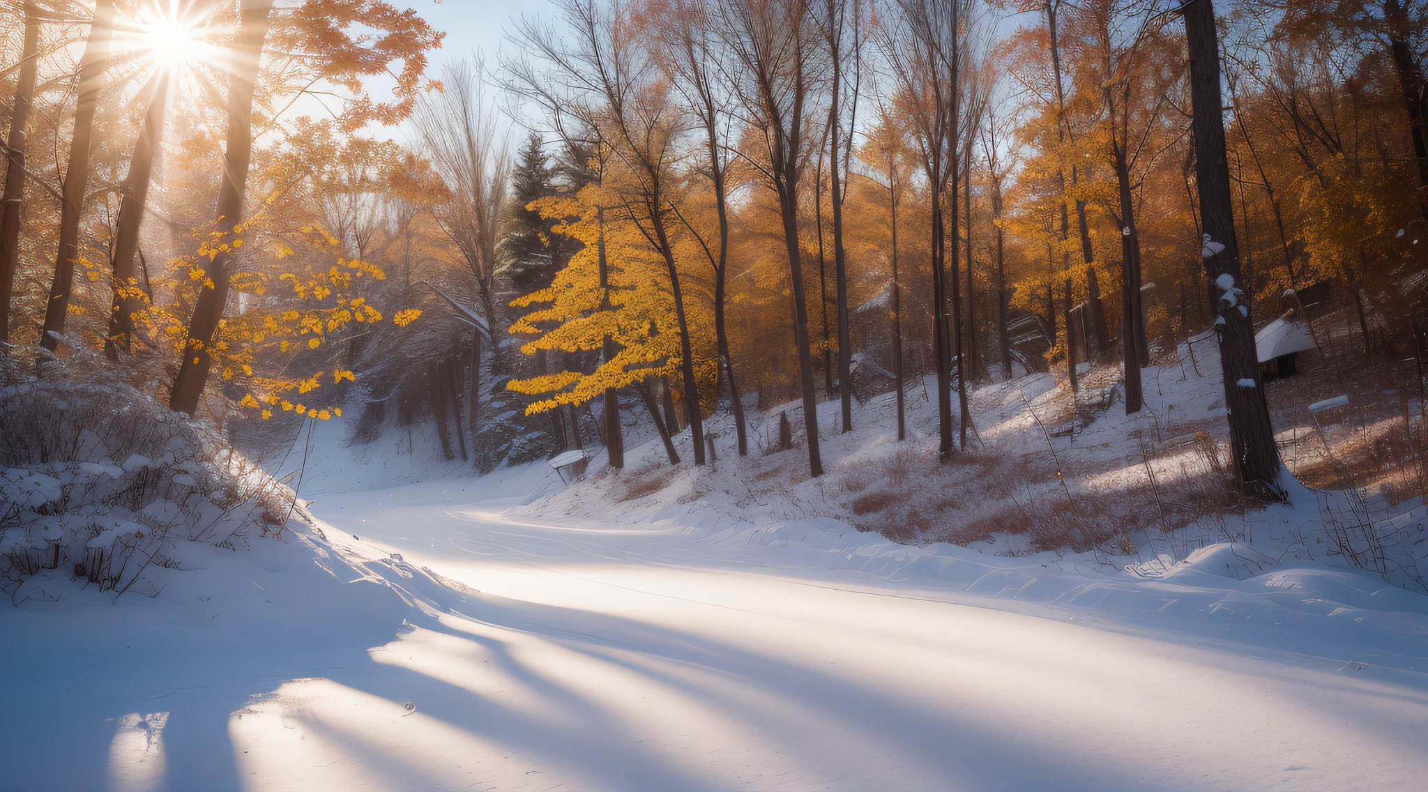 "An awe-inspiring winter pathway, some snow, some autumn leafs, elegantly divides the autumn-kissed trees with a picturesque wooden log fence. Depht-of-field, bokeh, (frontlighting:1.2), (backlighting:0.75), (fill light:0.9), bloom, chromatic aberration, (lens flare:1.2),"