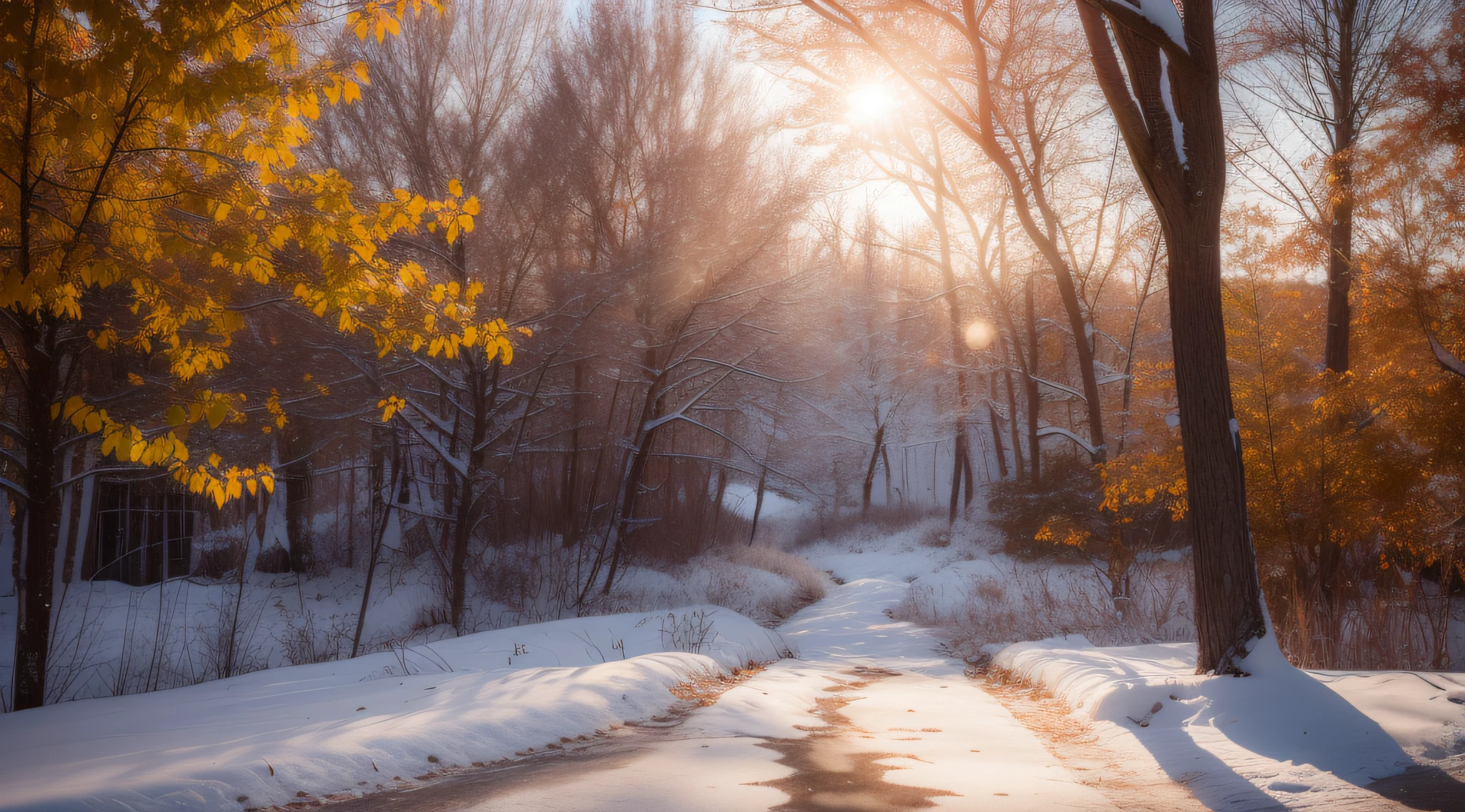 "An awe-inspiring winter pathway, some snow, some autumn leafs, elegantly divides the autumn-kissed trees with a picturesque wooden log fence. Depht-of-field, bokeh, (frontlighting:1.2), (backlighting:0.75), (fill light:0.9), bloom, chromatic aberration, (lens flare:1.2),"