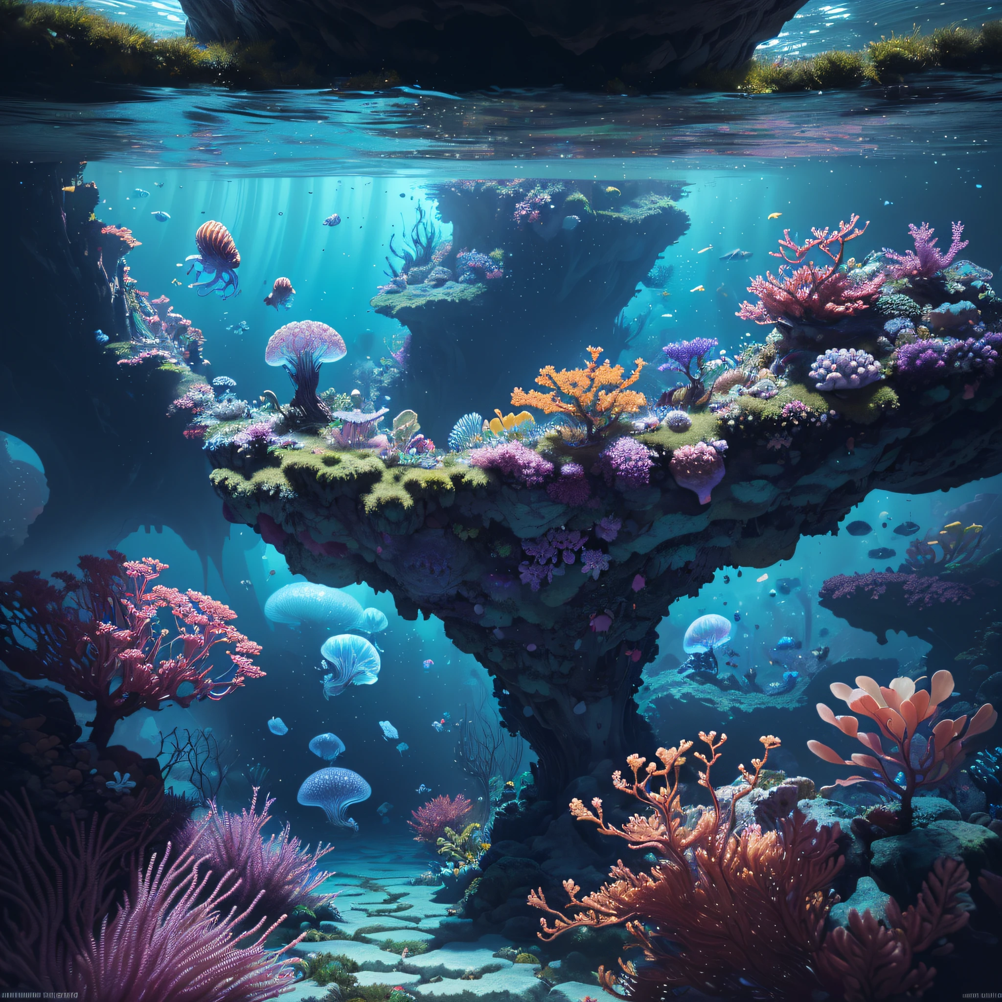 ((perspective)) microscopic world, vista, underwater fantasy,((masterpiece)), best quality, high quality, ((extremely detailed CG unity 8k wallpaper)),(fantasy), complex background, underwater fantasy world, fish school, Glowing jellyfish, colorful, (abyss)), staggered stone platforms in the abyss, glowing undersea plants, 3D digital painting, award winning photography, bokeh, depth of field, HDR, chromatic aberration, photorealistic, extremely detailed, artstation Trends on CGsociety, Intricate, High Detail, dramatic, art by midjourney, --v 6