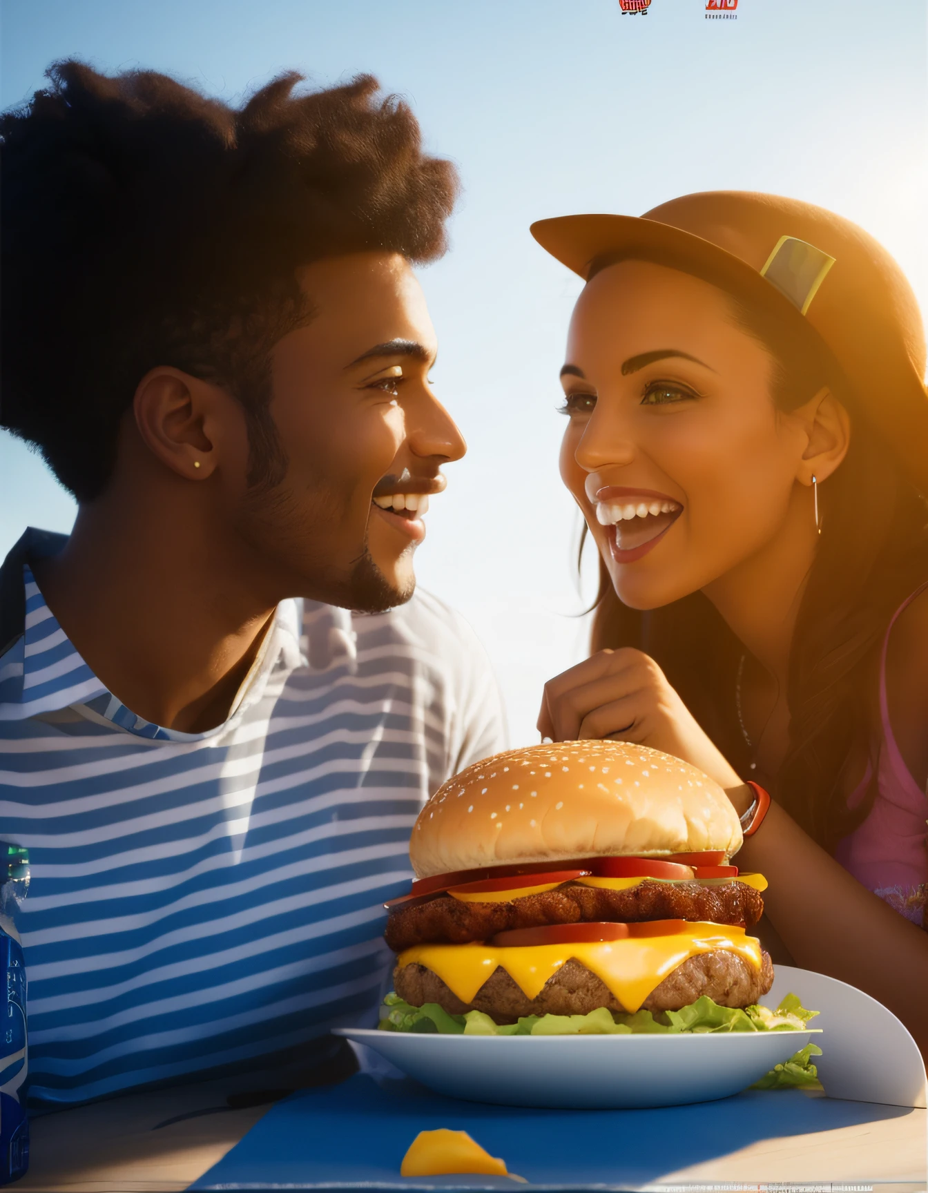 Hay un hombre y una mujer comiendo con los ojos bien abierto,cuna hamburguesa y papas fritas, comer hamburguesas, comer una hamburguesa, comer una hamburguesa con queso, comer una hamburguesa, Publicidad de alimentos, Servir hamburguesas, Hamburguesa en un plato, Foto publicitaria, pareja sonriente con los ojos bien abiertos, Comercial de alimentos 4K, photo render, Escena realista, in a sunny day, por Joe Bowler