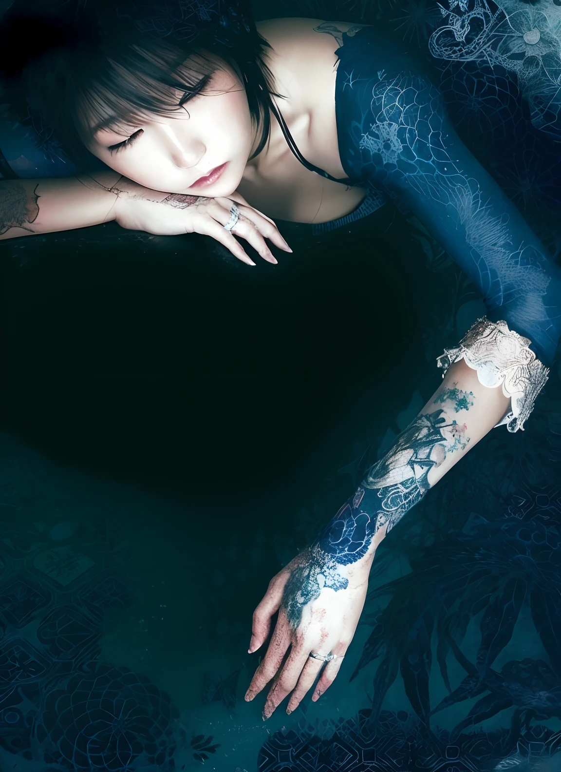 There is a woman with tattoos on her arms and arms, Jingna Zhang, Mazer's malice, escamas azuis cobrindo seu peito, Directed by: Ayami Kojima, Inspirado em Amano, com pele azul, pele azul profunda, frost clings to her skin, humor azul profundo, falta!, Directed by: Hiroyuki Tajima, Ayami Kojima Amano, 2 b, manga