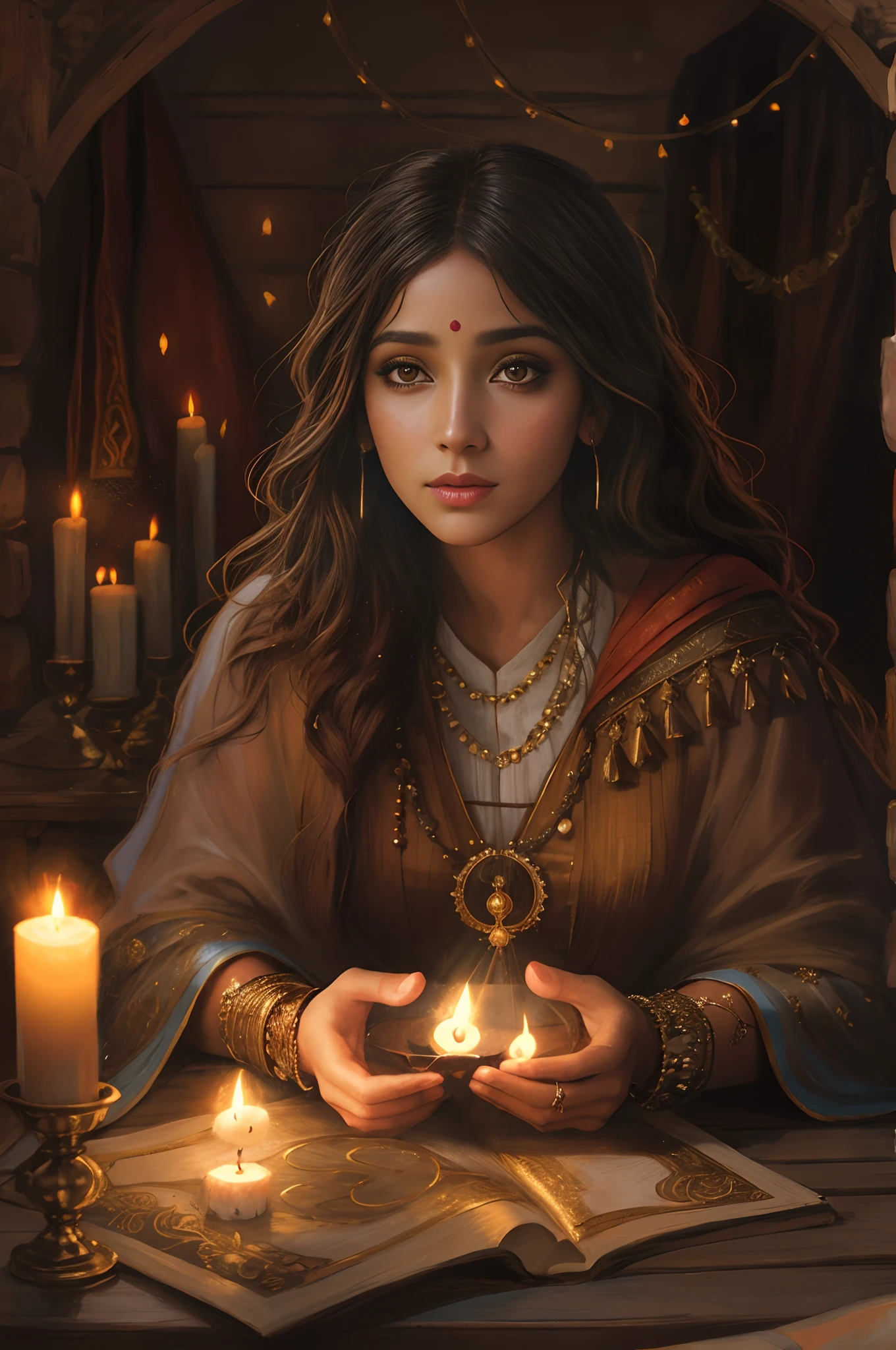 Brown gypsy woman in gypsy robes with a candle in her hands and a deck of cards, Graphic artist Magali Villeneuve, Retrato de um mago feminino, elfic priestess, Magali Villeneuve», holy fire spell art, Retrato de uma sacerdotisa, Retrato da feiticeira feminina, inspirado em Magali Villeneuve, holy flame spell, Maya Ali Feiticeira