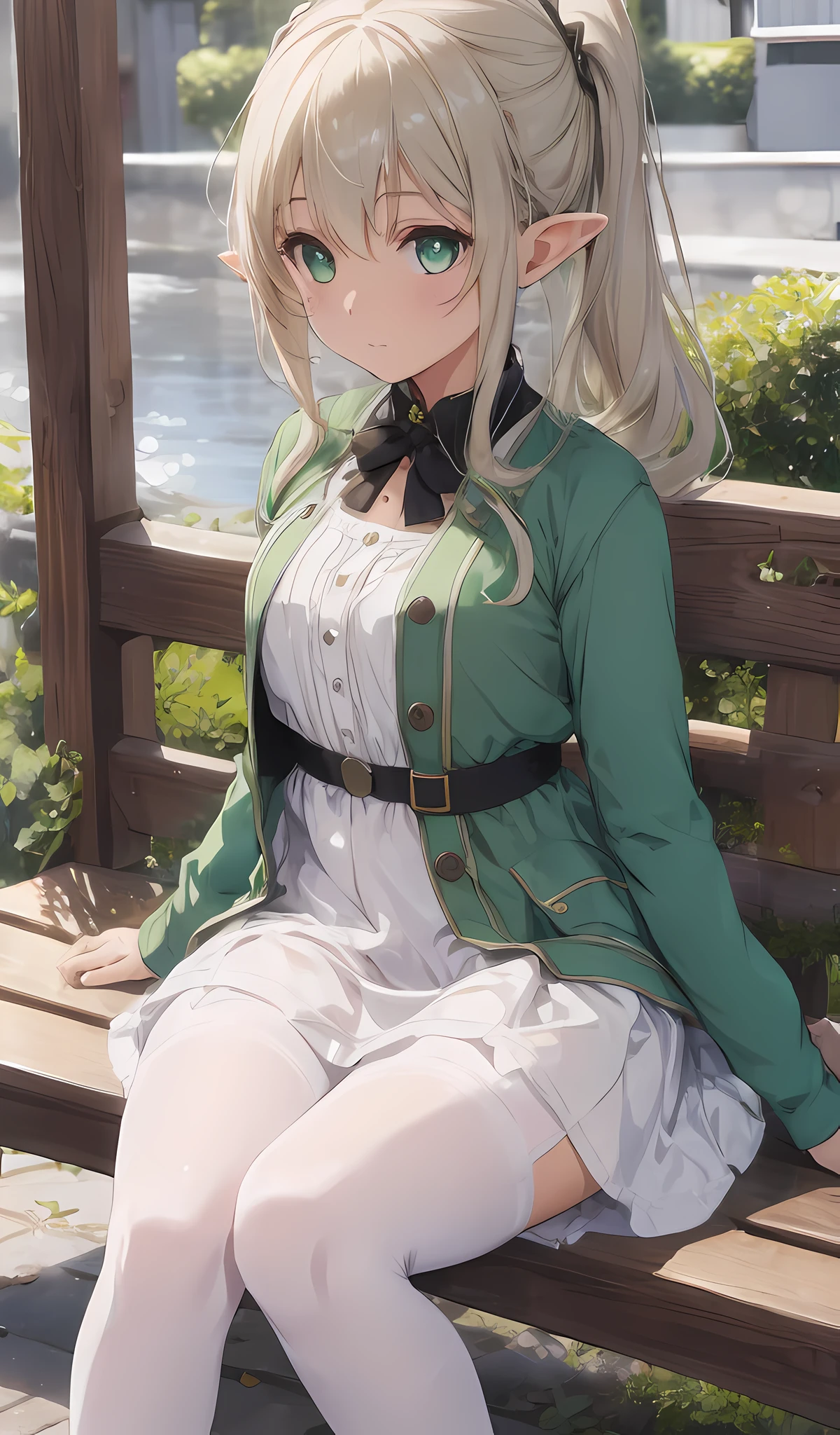 Girl sitting on a bench, nahida, pixie, elf ears, Beautiful ears, green colored eyes, People's casual clothes, pantyhouse, white pantyhose, Winter time, snowing, little chest, You can see the underpants, Upskirt, blackskirt, Elf Girl, 8k Graphics High-quality detailed graphics, ((Masterpiece)), Top Quality, accuracy, ((((super detaill))))