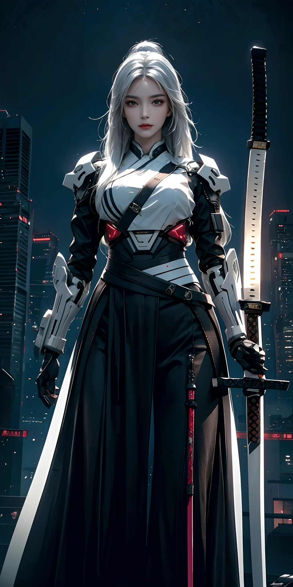 photorealistic, high resolution, soft light,1women, solo, hips up, (detailed face), white long hair, cybersamurai, cyborg, cyberpunk,  cyber armor, katana on back, holding weapon,holding sword,glowing,katana, city at night
