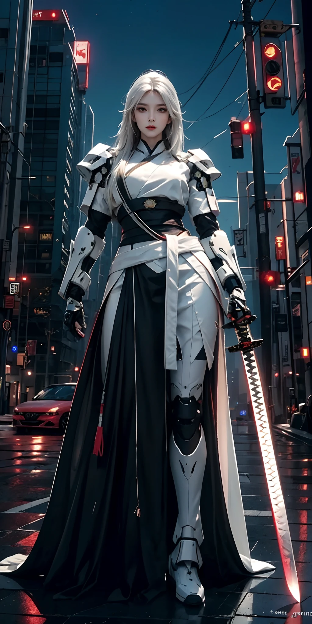 photorealistic, high resolution, soft light,1women, solo, hips up, (detailed face), white long hair, cybersamurai, cyborg, cyberpunk, cyber armor, katana on back, holding weapon,holding sword,glowing,katana, city at night