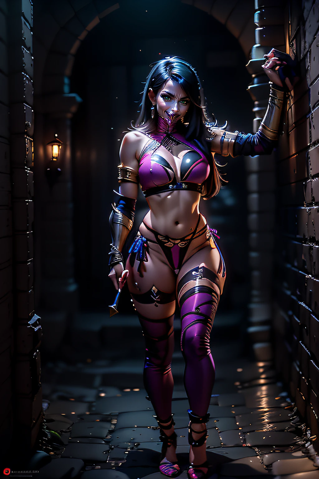 mkmileena, a photo of a woman, devil eyes, holding a sai in her right hand, perfect face, dark dungeon, thigh highs, full body shot, 8k, max quality, melhor qualidade Canon Eos R6, obra-prima, altamente detalhada: 1.2,