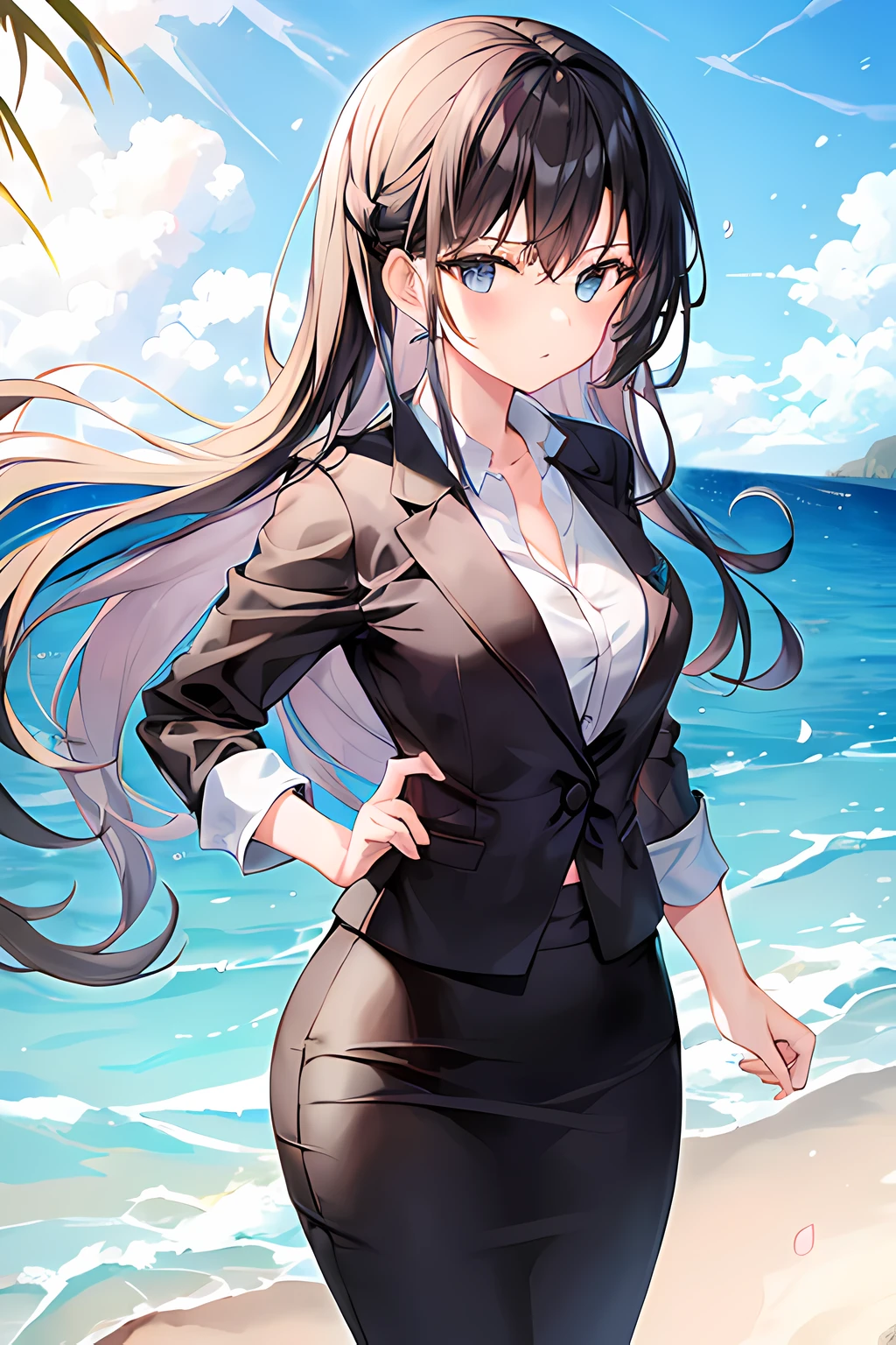 1girl, suit, beach, black skirt, black blazer, long pencil skirt,