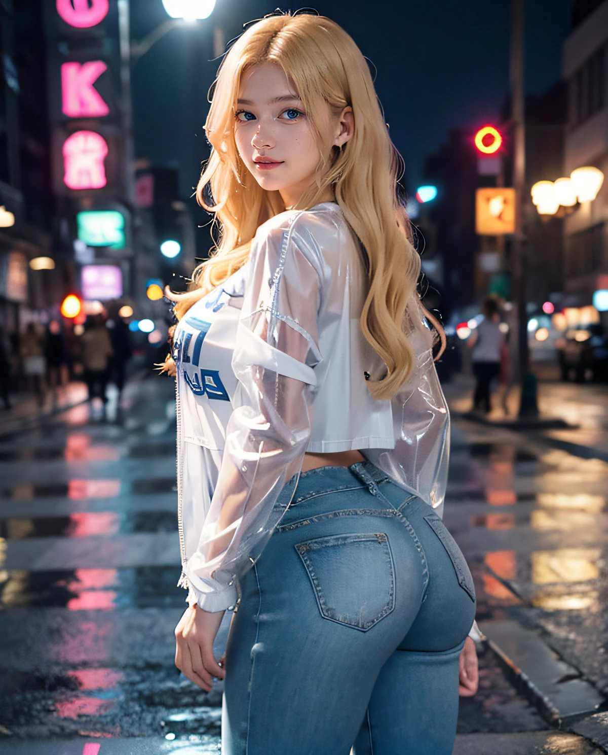 1girl, (Blue Eyes), cute smile, ((Sana Minatozaki)), wide hips, Big Boobs, big ass, (Best Quality, 8k, Masterpiece: 1.3), Clear Focus: 1.2, Perfect Body Beauty : 1.4, Slender Abs: 1.2, Highly detailed face and skin texture, detailed eyes, double eyelids, (long blonde hair), (t-shirt and transparent jacket), ({Jean Pants}), (sneakers), look back, standing in a rainy city at night