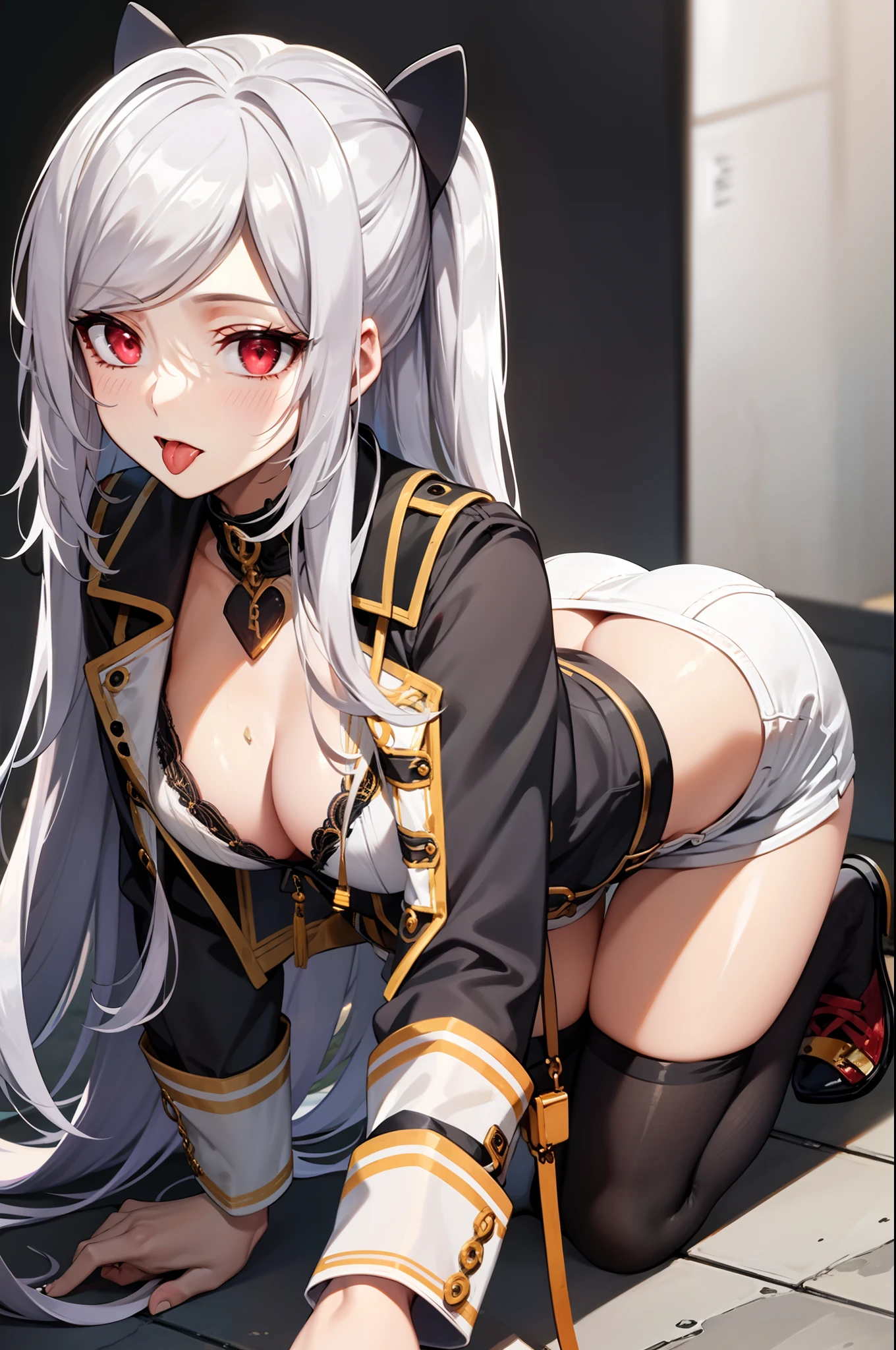 collar,leash,butt,plug,tounge out,crawl,white hair,shorts,bra