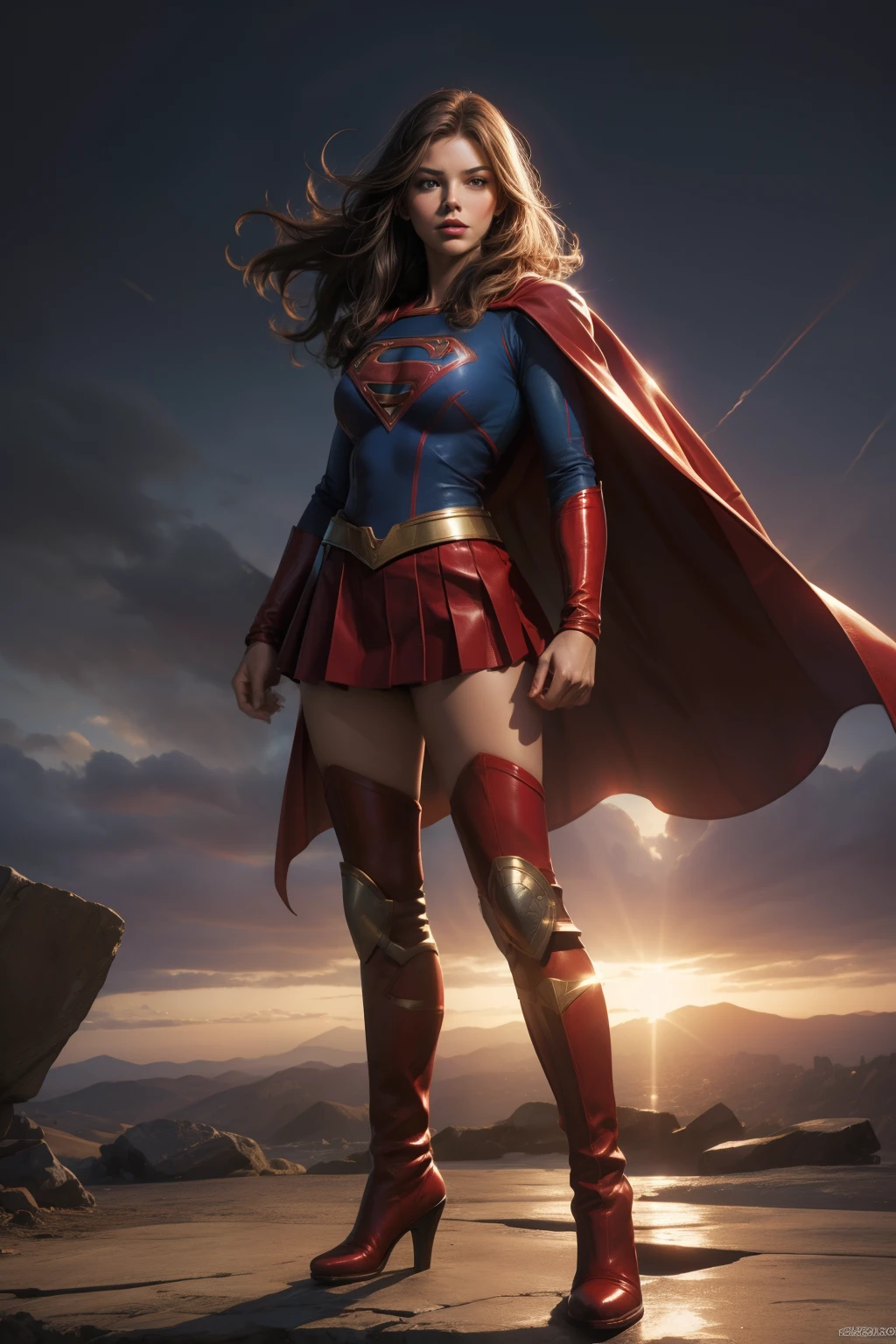 strong supergirl, beautiful face, imposing, cape blowing, DC Comics, Dan Jurgens, full body, sexy pose, brazilian woman, full body, long red leather boots