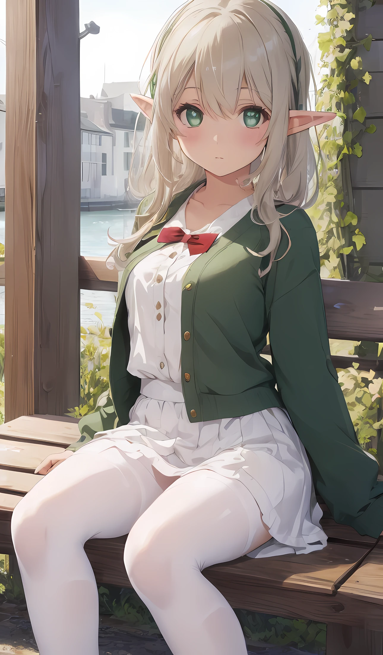 Girl sitting on a bench, nahida, pixie, elf ears, Beautiful ears, green colored eyes, People's casual clothes, pantyhouse, white pantyhose, Winter time, snowing, little chest, You can see the underpants, Upskirt, blackskirt, Elf Girl, 8k Graphics High-quality detailed graphics, ((Masterpiece)), Top Quality, accuracy, ((((super detaill))))