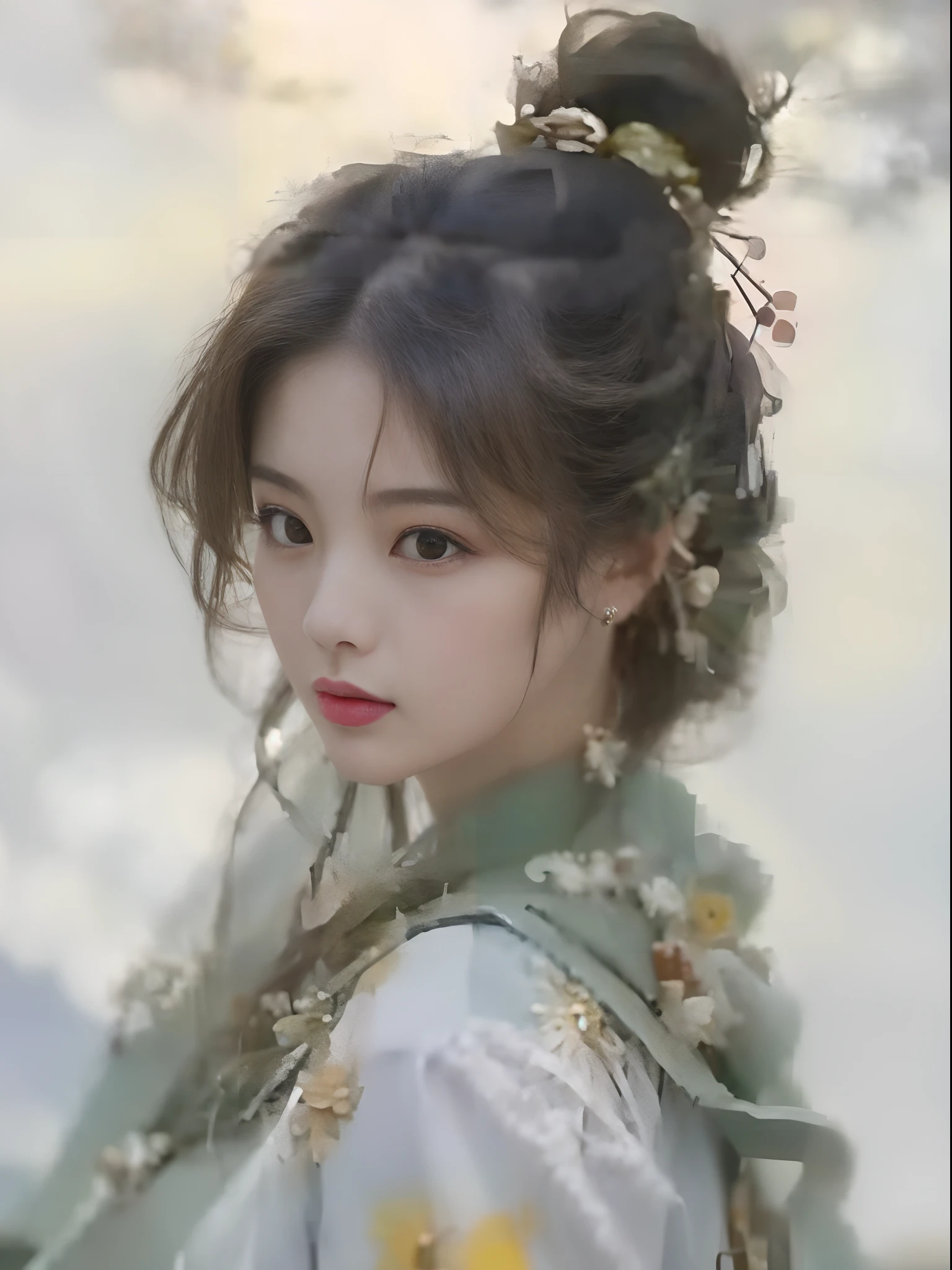 a close up of a drawing of a woman in a kimono，In the background are the sky, inspired by Du Qiong, Traditional beauty, Chinese girl, Inspired by Lan Ying, Inspired by Qiu Ying, gorgeous chinese models, Beautiful character painting, Guviz-style artwork, Palace ， A girl in Hanfu, in the art style of bowater, Inspired by Huang Ji