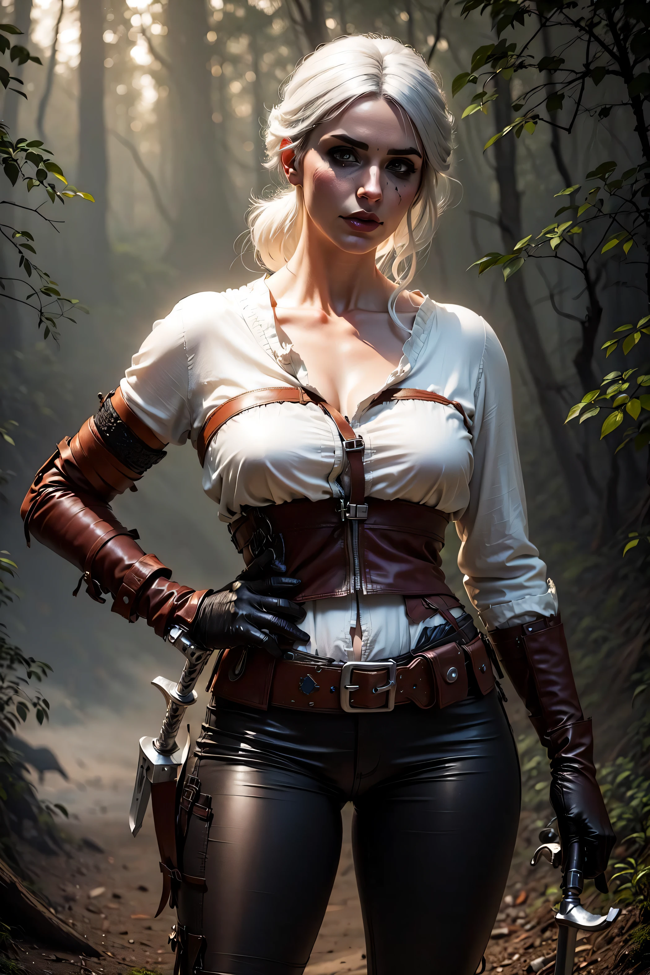 A half body shoot of ciri wearing a white top and a leather pants holding a sword in front of a dusty forest background in the style of Th3W1tch3r