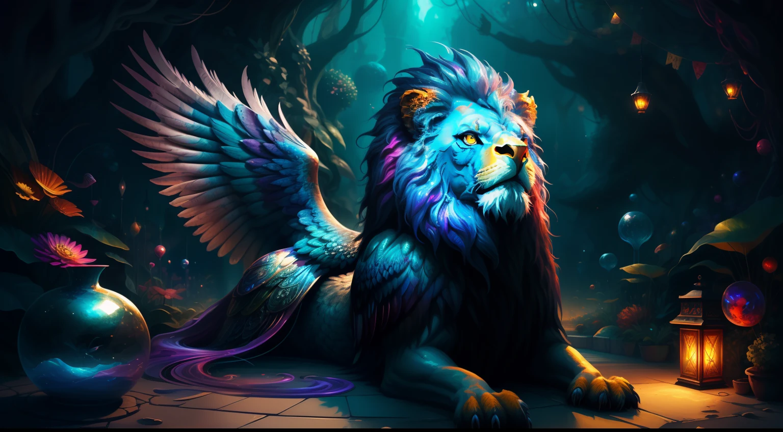 Best quality, masterpiece, super high resolution, no human, an adult griffon in a futuristic cyberpunk garden, enchanting, high detail, (eagle face), (lion body), (large wings), looking at camera, masterpiece (realistic texture: 1.2), (realistic details: 1.2), (realistic details: 1.2), ([front | side]:1.1), HDR, ultra-refined 3D modeling, as magical as the style paintings painted by Tim Burton, Dale Chihuly, Xiaolongcheng, Cyril Rolando and other authors such as Jr. Gigue. Shadows and lighting intertwine to create brilliant effects.