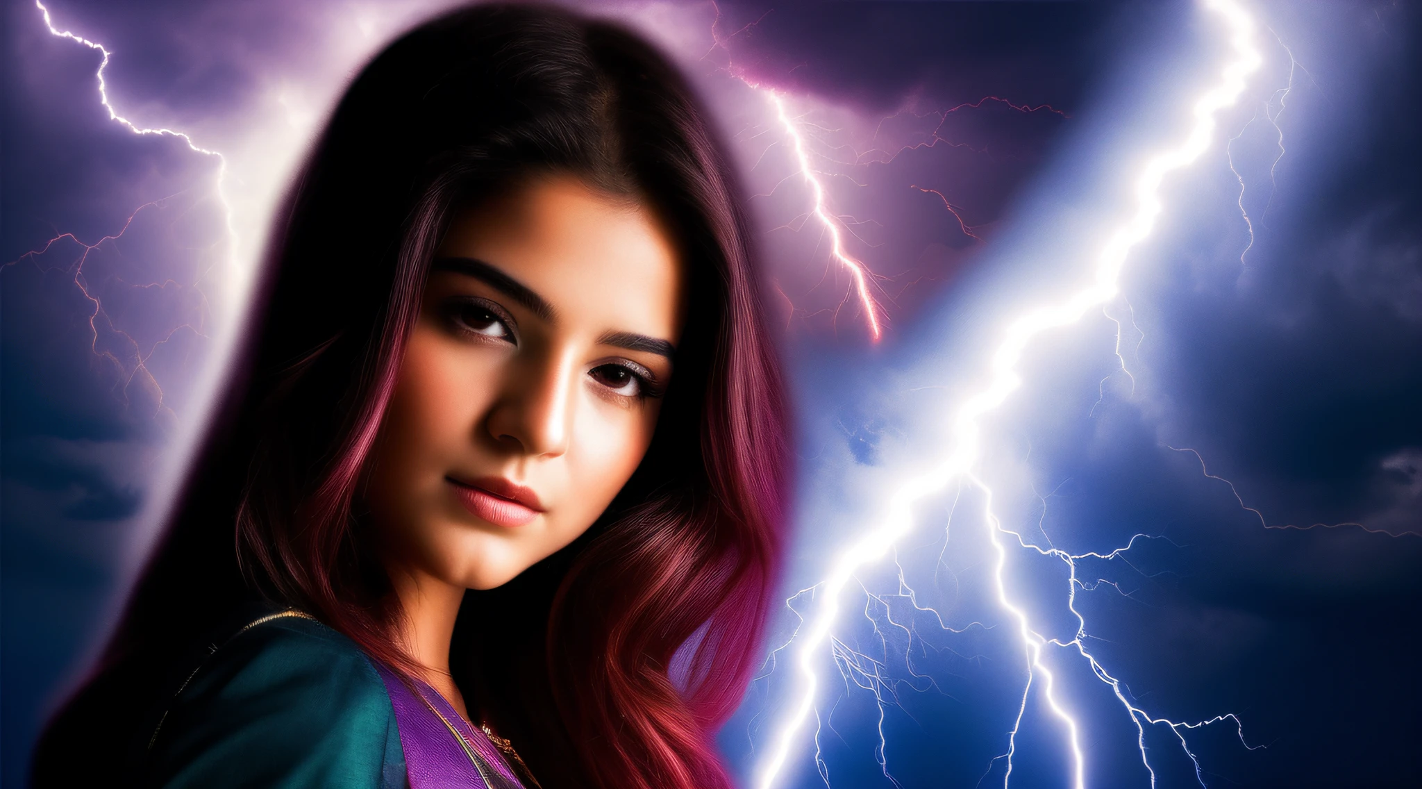 A closeup of a child with a lightning bolt in the background, splashes of lightning behind her, little girl with magical powers, she is attracting lightnings, cabelos eletrificados, lightning fantasy magic, cinematic lightning and colors, eletrizante, efeitos de raios, amazing lightning art, electric hair, with lightning bolts, lightning master, maya ali as a lightning mage, cinematic colorful lightning