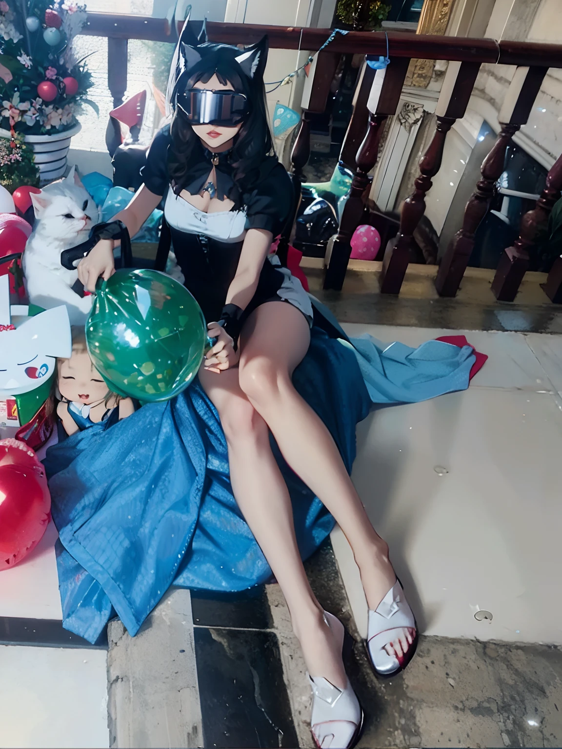 Catwoman in a maid outfit,Holding a green balloon in his hand,There are cat ears on the head,Wearing VR glasses