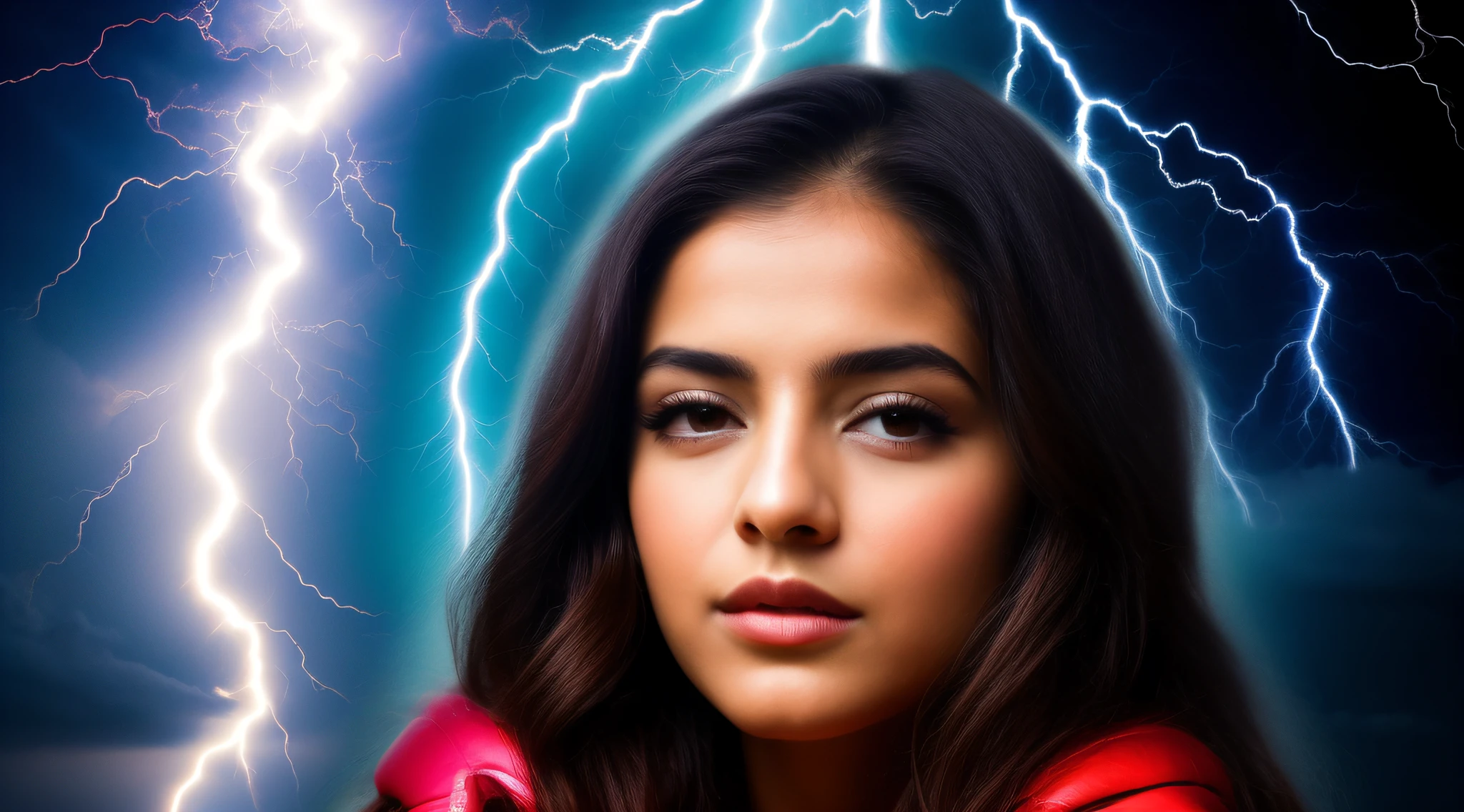 A closeup of a child with a lightning bolt in the background, splashes of lightning behind her, with magical powers, she is attracting lightnings, cabelos eletrificados, lightning fantasy magic, cinematic lightning and colors, eletrizante, efeitos de raios, amazing lightning art, electric hair, with lightning bolts, lightning master, maya ali as a lightning mage, cinematic colorful lightning