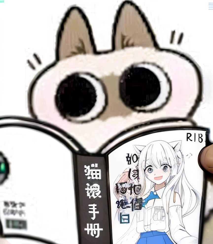 Anime character holding a book，There is a cat in front, ahegao, ahegao face, Waifu, anime cat, kanliu666, nekomimi, there is a book next to the cat, anime catgirl, from girls frontline, fantrome, telegraph stickers, manga book anime style, accurate image, r /art, r / art