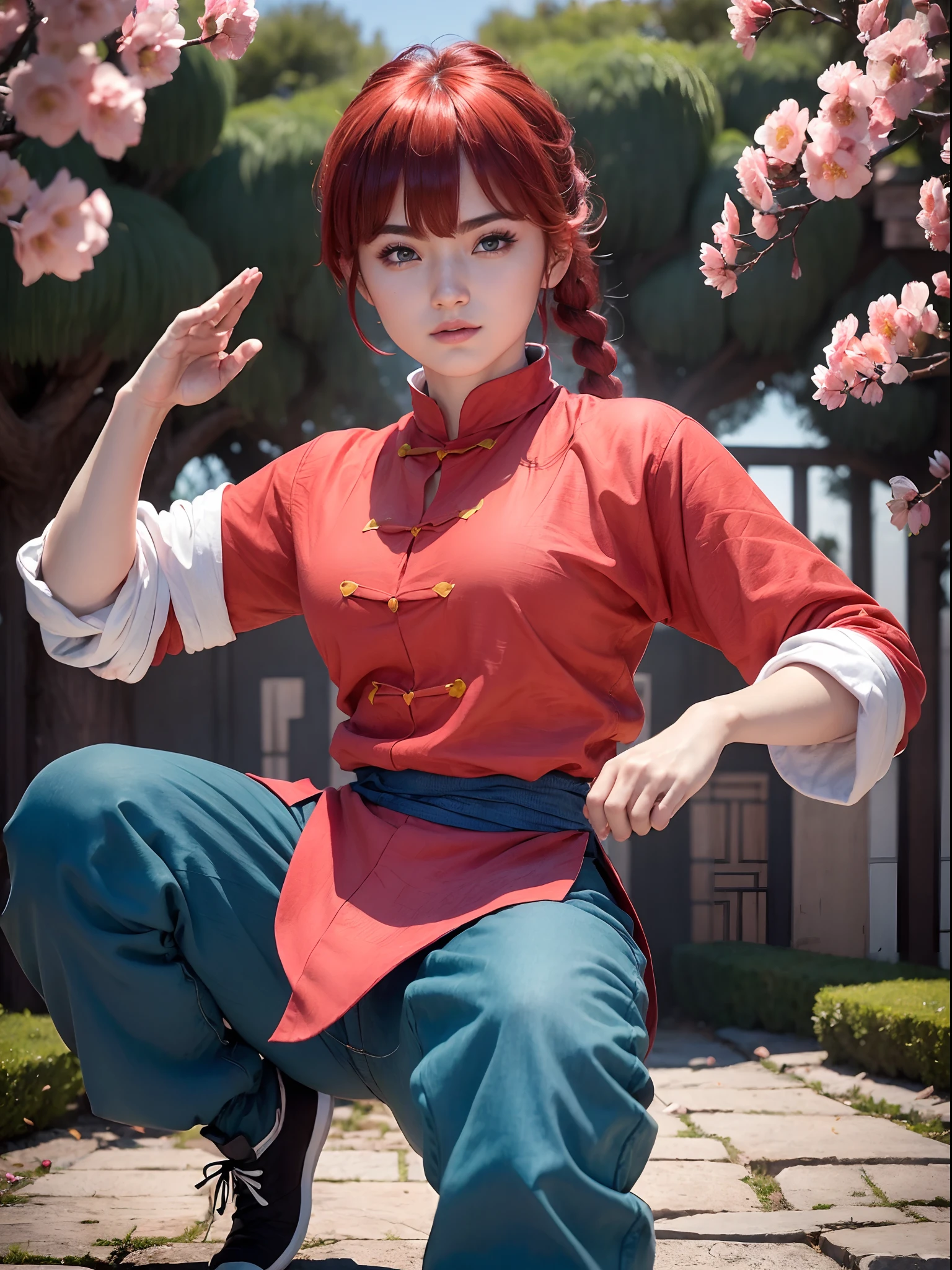 (masterpiece, best quality:1.4), (kung-fu pose:1.5), (1girl:1.5), ranma-chan, solo, blue eyes, (red hair),  bangs, tangzhuang, braided ponytail, sleeves rolled up, black pants, black footwear, on a chinesse garden with sakura trees, a bridge and water, looking at viewer, sexy smile, beautiful face, highly detailed face, highly detailed eyes, highly detailed skin, skin pores, subsurface scattering, realistic pupils, full face blush, full lips, detailed background, depth of field, volumetric lighting, sharp focus, absurdres, realistic proportions, good anatomy, (realistic, hyperrealistic:1.4), 16k hdr,