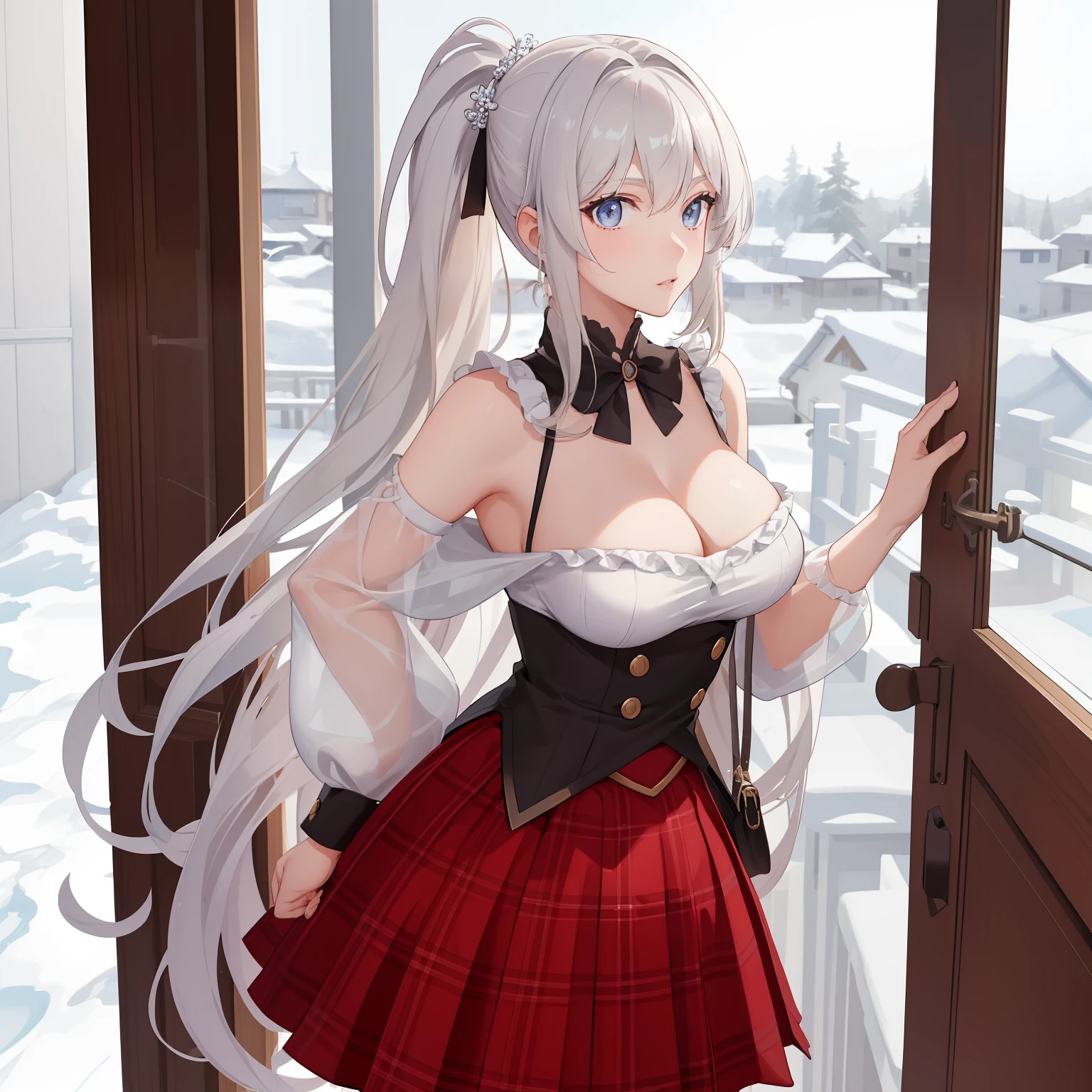 tmasterpiece,best qualtiy,(realisticlying,realisticlying:1.4),(RAW photos:1.2),Very detailed CG unity 8K wallpaper,Very fine and beautiful,Amazing Cleavage,finely detailled,offcial art,absurderes,unbelievable Ridiculous,hugefilesize, ultra - detailed, The is very detailed, Nice detailed girl, very detailed eyes and faces, Beautiful detailed eyes, There is light on the face, 1girll, Long hair, ((pony tails)), Solo, Cute, view the viewer, (perfect women figure) , Big breasts Thin waist,Plaid skirts, nabel, nakeness,Bare arms, By bangs, schools, Classroom, ulzang-6500-v1.1