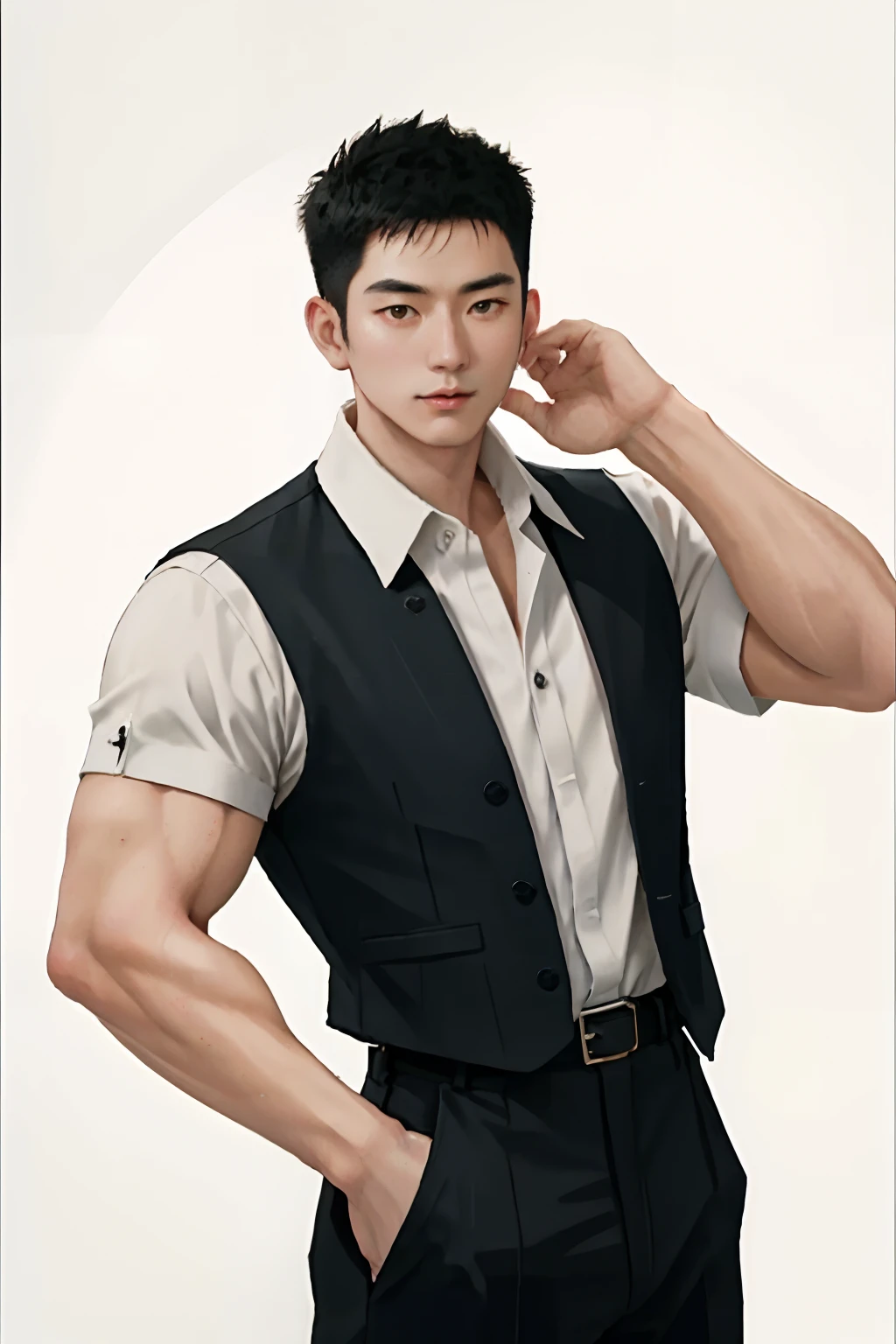A Chinese man，30 age old，Strong，musculature，2D，short detailed hair，flathead。Brush cut，Semi-thick coating，Strong，retro tone，hand painted style，2D，full bodyesbian，stubbles，misterious，Retro，Retro Republic of China streets，blacksuit，white  shirt，short detailed hair，sharp looking eyes，retro tone