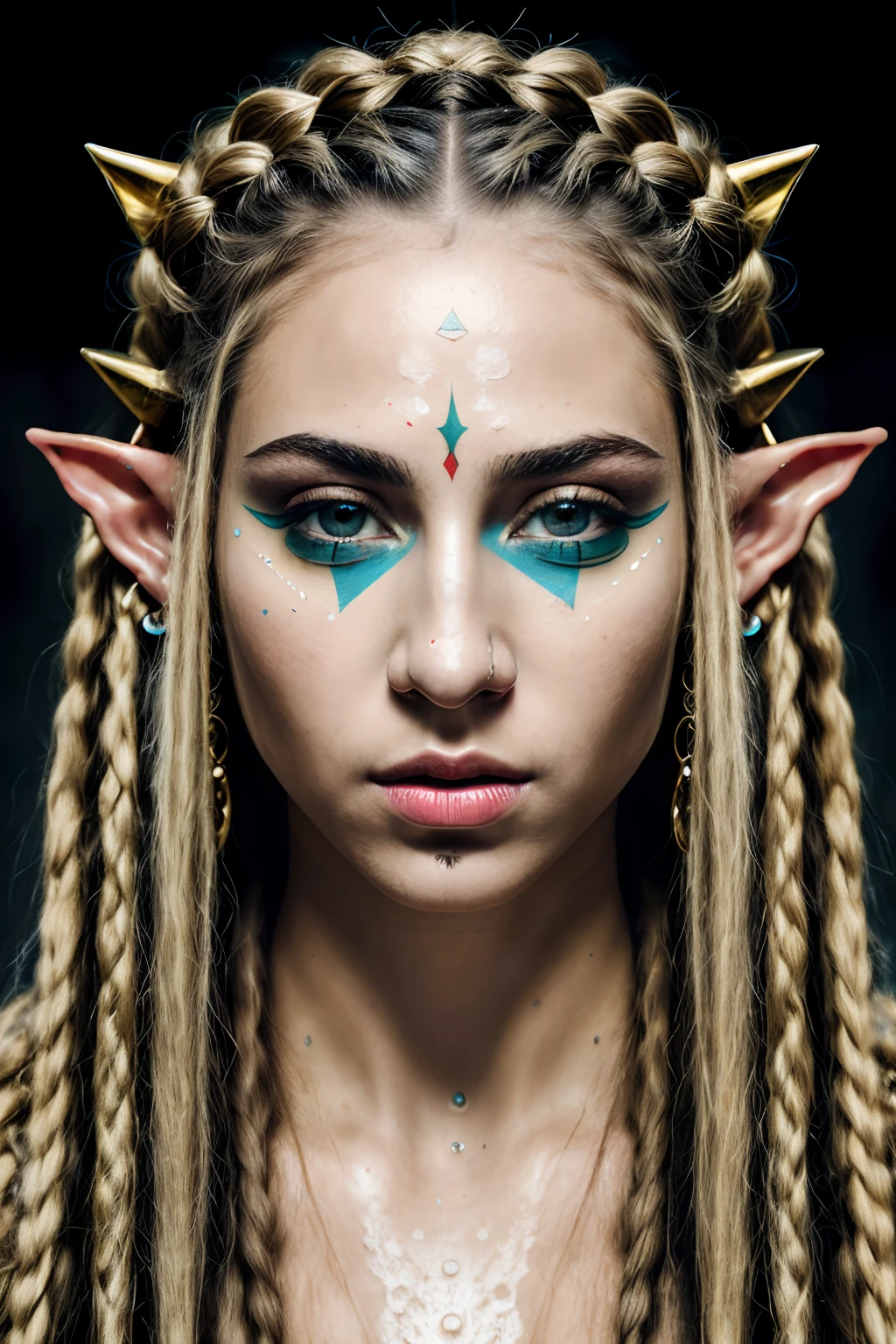 RAW photo, portrait of elf girl, angular facial features, blind, many longs dangerous afro dreadlocks, blonde hair, Stone Age clothing, combat makeup on face, water magic surrounding , (Masterpiece, Best Quality, Highres:1.4) (original) , (very detailed wallpaper) , very detailed illustrations, hard shadows, Cinematic shot, dramatic lighting