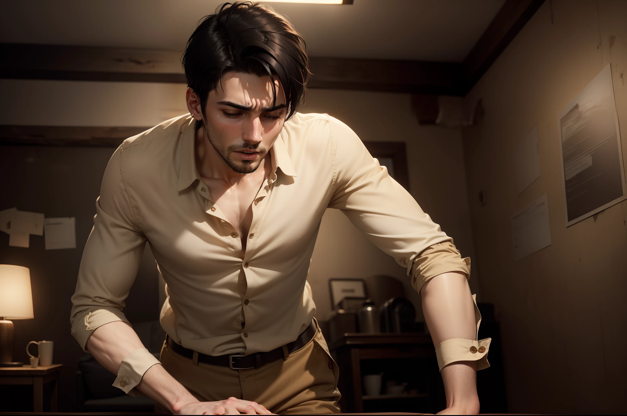 Ultra realistic 8k image of thin 25 year old man, short black hair, dressed in beige button-up blouse and beige pants, vomiting in plain, rustic, dimly lit room, faded walls, night