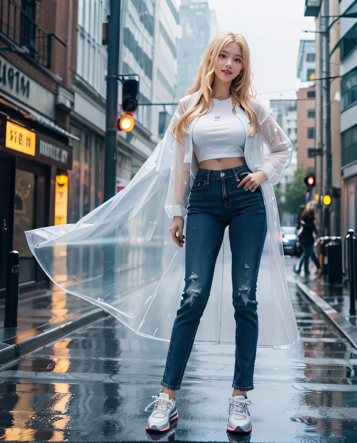 1girl, (Blue Eyes), cute smile, ((Sana Minatozaki)), wide hips, Big Boobs, big ass, (Best Quality, 8k, Masterpiece: 1.3), Clear Focus: 1.2, Perfect Body Beauty : 1.4, Slender Abs: 1.2, Highly detailed face and skin texture, detailed eyes, double eyelids, (long blonde hair), (shirt and transparent coat), (Jean Pants), (sneakers), back view, standing in a rainy city at night
