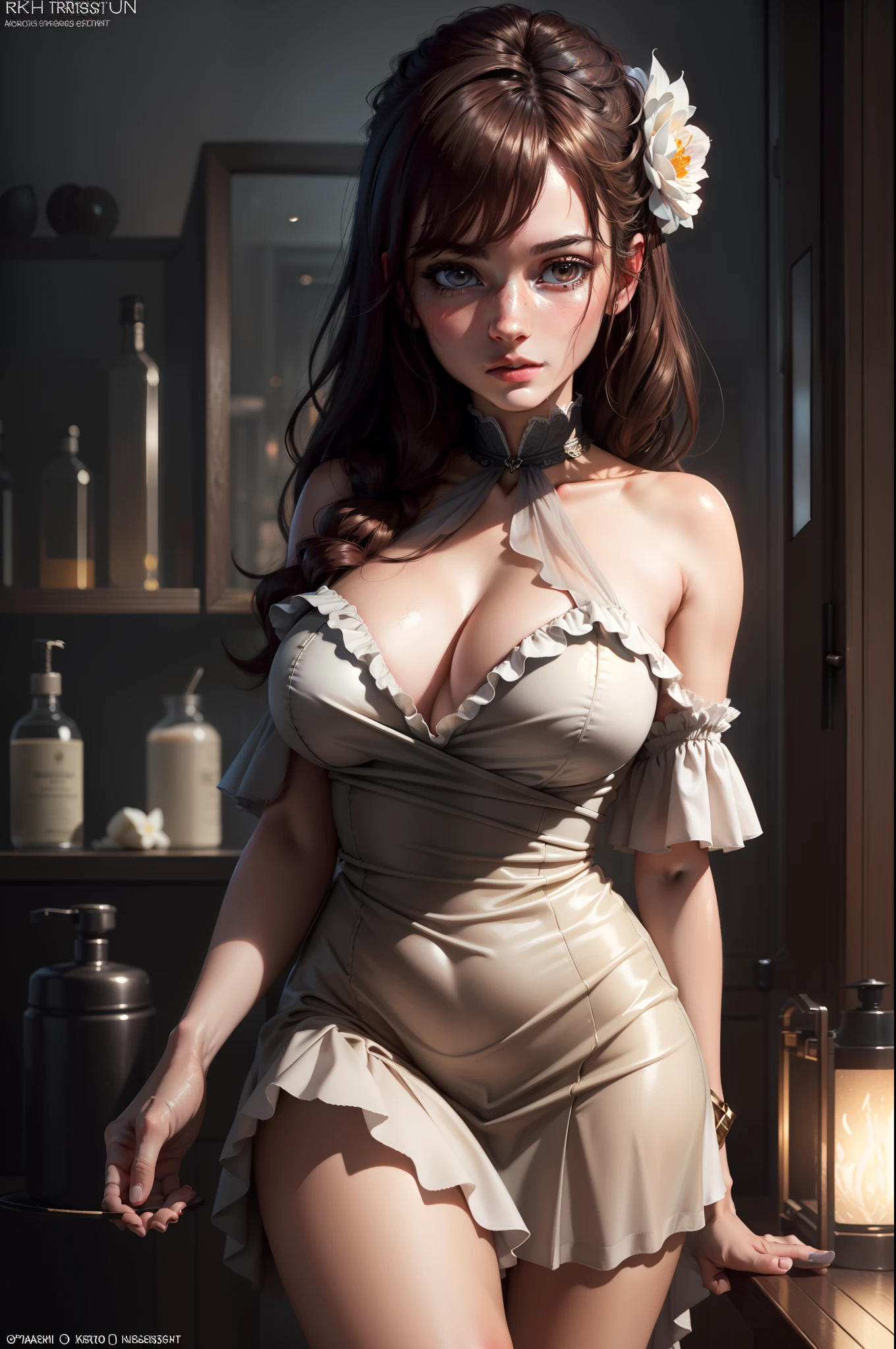 ((night time, Realistic light, Best Quality, 8K, Masterpiece: 1.3)), Slender Beauty: 1.4, Outstanding Press: 1.1, (brown hair, big breasts: 1.2), Wet silk dress: 1.2, Bathroom, Super Slim Face, Full Eye Detail, double eyelids). {{Masterpiece}}, {{{Best Quality}}},{{Ultra-detailed}}, {{illustartion}},{{disheveled hair}},{{Masterpiece}},{{{Best Quality}}},{{Ultra-detailed}}, {{{illustartion}}}, Beautiful scene, Clear facial features, hyper real, Octane Render, UE5, high detail, hyper quality, High Resolution, trend in artstation, hyper realisitc, surrealism, HD, 16k, telephoto lens, medium close-up shot, Split Lighting,