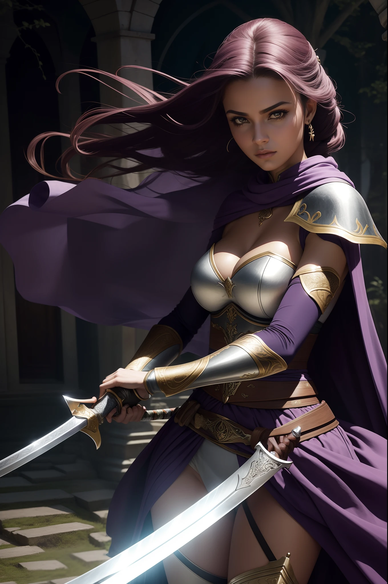 mulher arafed em roupa de couro segurando uma espada e uma faca, she is holding a sword, segurando uma espada em seu ombro, long sword in her hand, linda guerreira, purple eyes, posando com uma espada, she is holding a katana sword, de uma bela cavaleiro feminina, cavaleiro feminino bonito, uma bela mulher guerreira, segurando uma espada larga, com espada grande, Fantastic and magical scenery, cinematic, RAW
