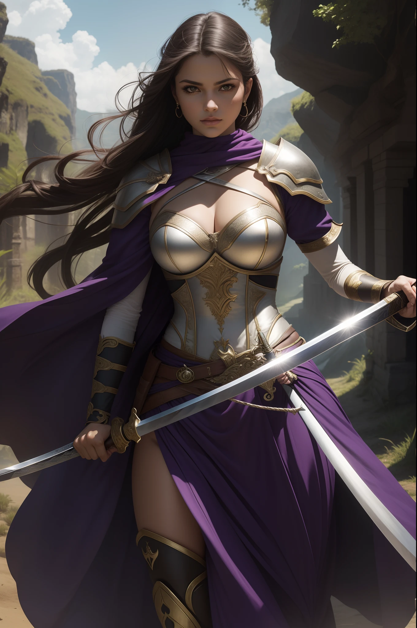 mulher arafed em roupa de couro segurando uma espada e uma faca, she is holding a sword, segurando uma espada em seu ombro, long sword in her hand, linda guerreira, purple eyes, posando com uma espada, she is holding a katana sword, de uma bela cavaleiro feminina, cavaleiro feminino bonito, uma bela mulher guerreira, segurando uma espada larga, com espada grande, Fantastic and magical scenery, cinematic, RAW