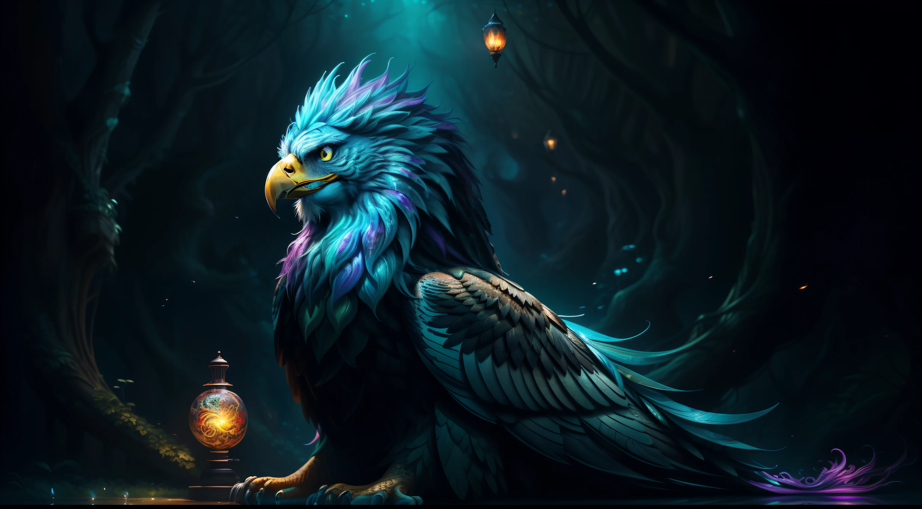 Best quality, masterpiece, super high resolution, no human, an adult griffon in a futuristic cyberpunk garden, enchanting, high detail, (eagle face), (lion body), (large wings), looking at camera, masterpiece (realistic texture: 1.2), (realistic details: 1.2), (realistic details: 1.2), ([front | side]:1.1), HDR, ultra-refined 3D modeling, as magical as the style paintings painted by Tim Burton, Dale Chihuly, Xiaolongcheng, Cyril Rolando and other authors such as Jr. Gigue. Shadows and lighting intertwine to create brilliant effects.