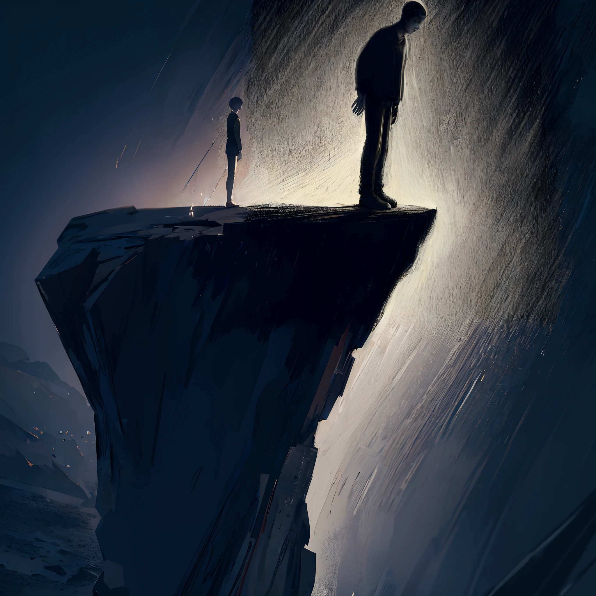 Drawing of a man standing on a cliff looking up at the sky, desolado. digital illustation, homem triste, quadro emocional, dramatic illustration, lonely and sad, How is depression, Alex Andreev, Sunniness, illustration!, triste e lonley, imagem deprimente, 'lone dark figure'!!, alone dramatic, Arte digital escura, mas detalhada, sentimento triste