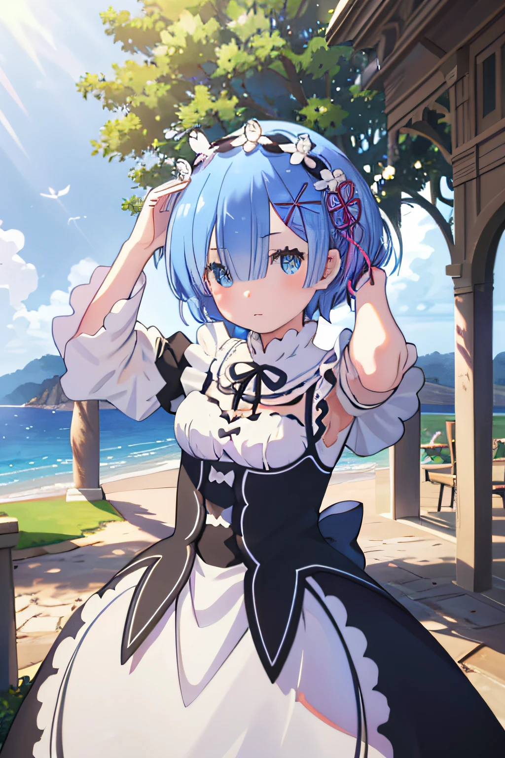 (masterpiece:1.6, best quality), (finely detailed beautiful eyes: 1.2), ph_rem, remhd, 1girl, blue hair, solo, blue eyes, x hair ornament,roswaal mansion maid uniform, maid, ocean,  bay, sunlight, trees, wave,  arms up