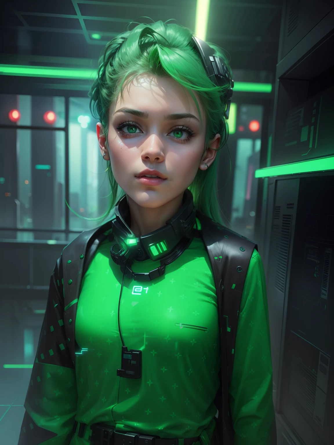 Change background to cyberpunkish green, handsome girl, realistic face