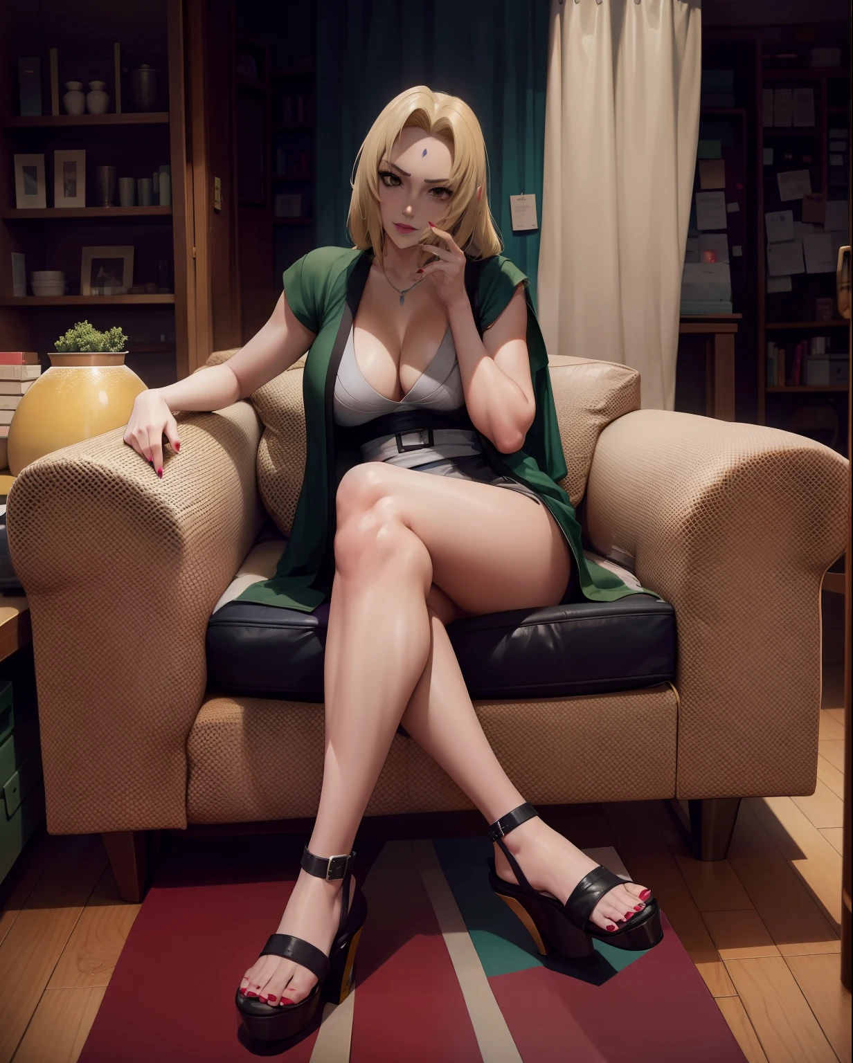 araffe sitting on a chair with her legs crossed, 30 years old woman, 3 0 years old woman, she is about 2 , she is about 2 0 years old, she is about 20 years old, she is about 30 years old, she is about 3 0 years old, 18 years old, attractive girl, yellow hair, five finger in hand, five finger in foot, nail polish red in finger hand, nail polish red in finger foot