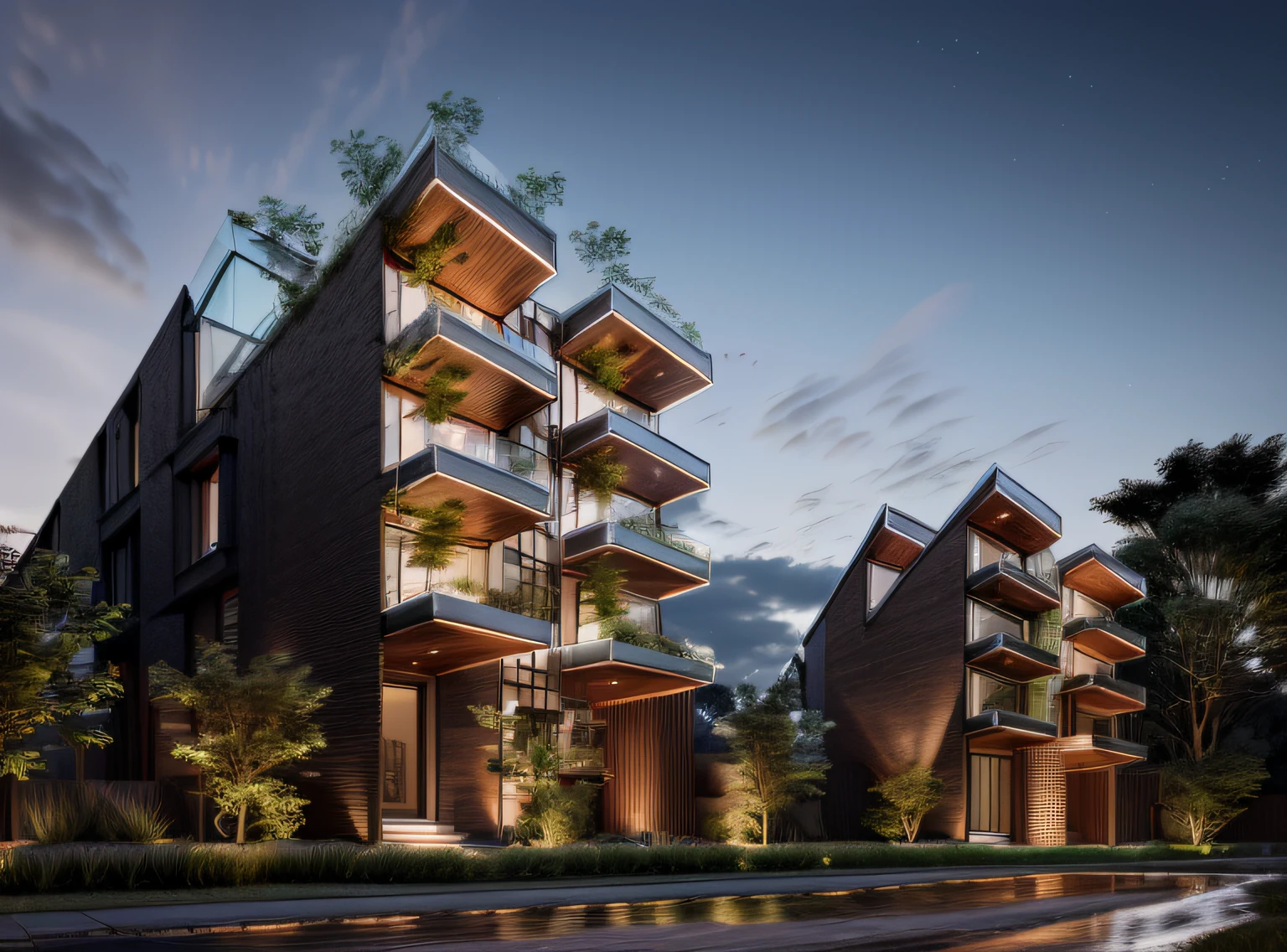 mordenhouse, brick and glass, House by the garden, dynamic (RAW photo, real, best quality, masterpiece:1.2), detailed, (hyper realistic, photo-realistic:1.2), high quality, (dark lighting:1.2), perfect lighting, archdaily