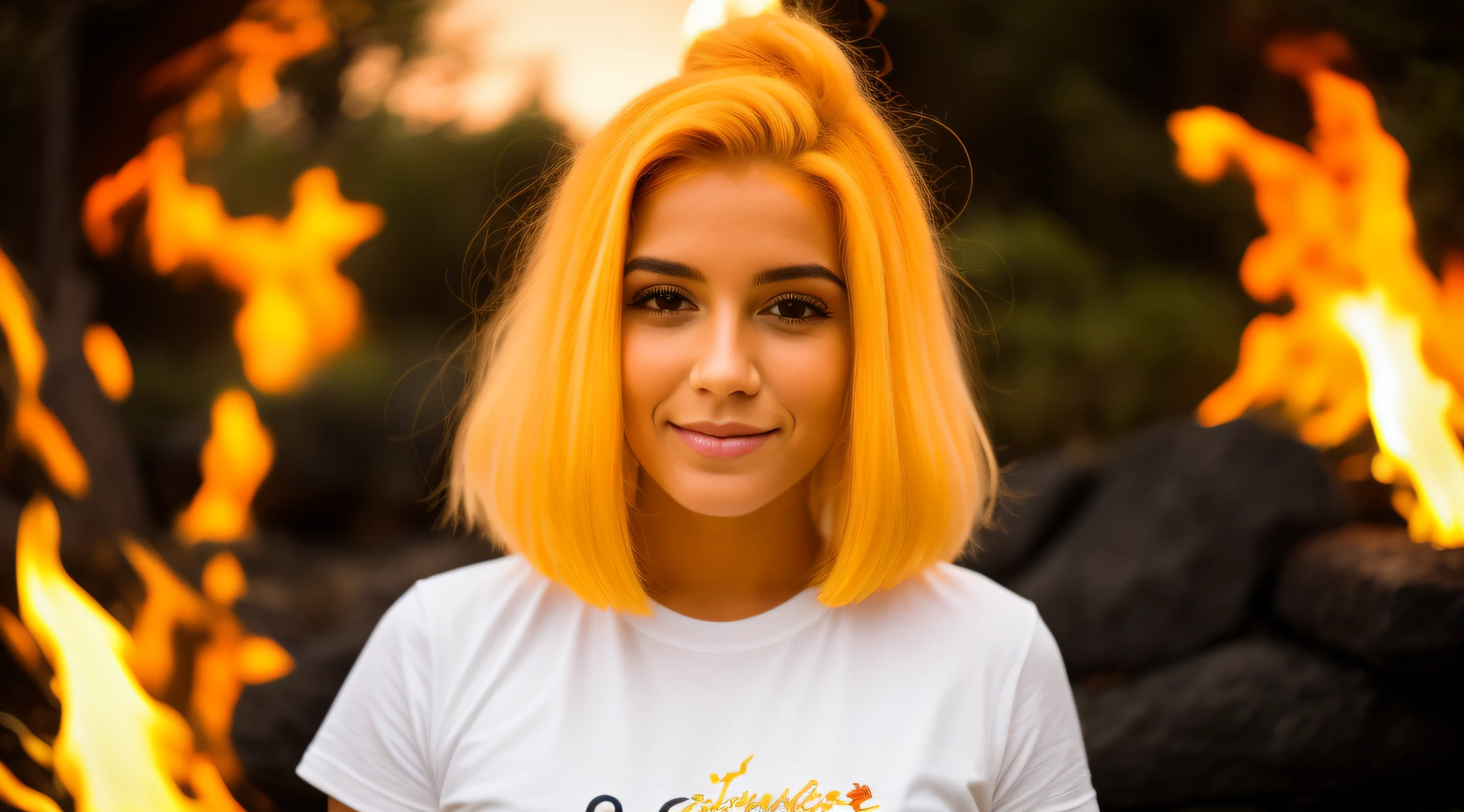 A closeup of a child with yellow hair and a white top, cabelo de fogo, cabelos flamejantes, cabelo feito de fogo, cabelo como fogo, her hair is made out of fire, her hair is on fire, cabelo laranja brilhante, projeto da menina chifres exuberantes, cabelo louco, cabelos eletrificados, cabelo de cenoura, longos cabelos loiros flamejantes, cabelo funky, orange hair