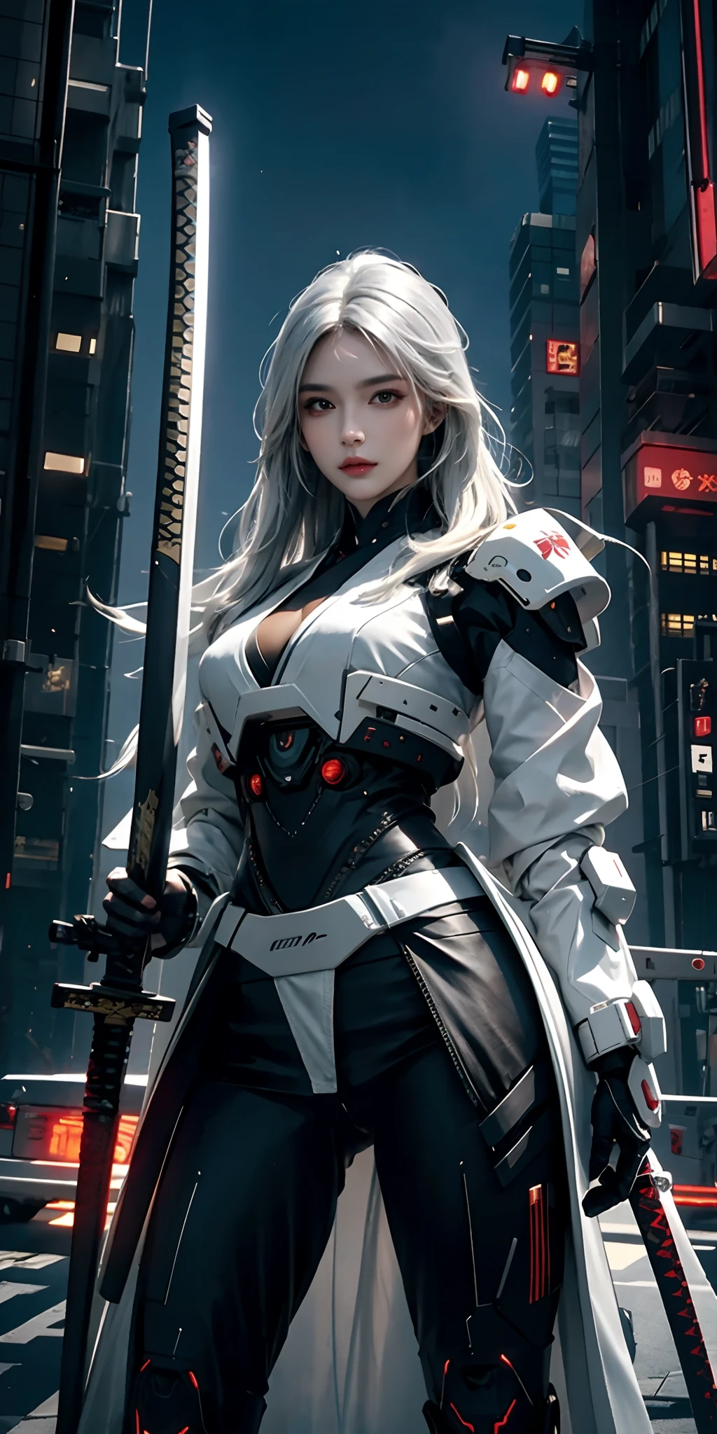photorealistic, high resolution, soft light,1women, solo, hips up, (detailed face), white long hair, cybersamurai, cyborg, cyberpunk, cyber armor, holding weapon,glowing,katana, city at night