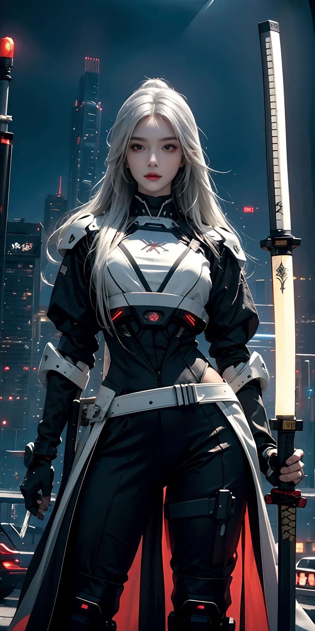 photorealistic, high resolution, soft light,1women, solo, hips up, (detailed face), white long hair, cybersamurai, cyborg, cyberpunk, cyber armor, holding weapon,glowing,katana, city at night