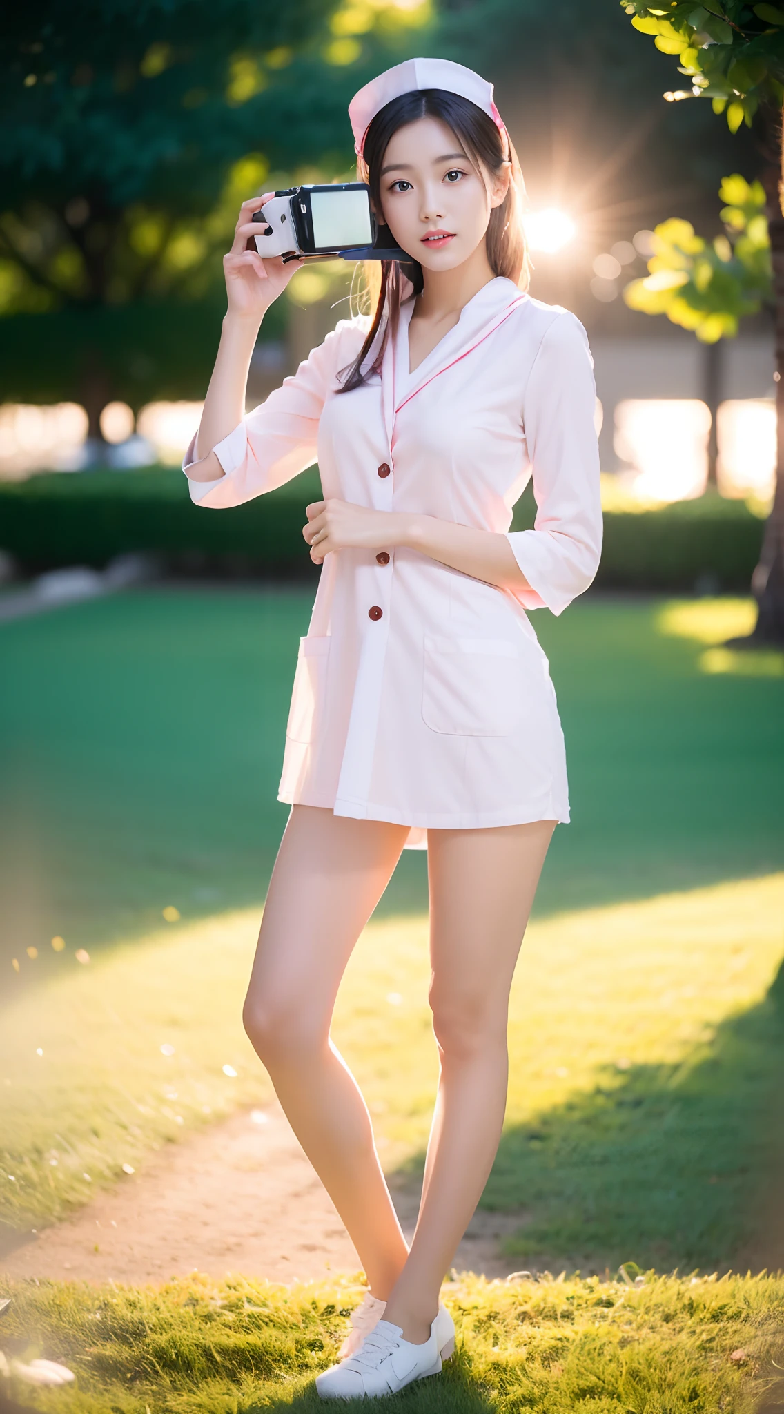 1 beautiful woman taking pictures on the grass of the villa，RAW photos，tmasterpiece，（highdetailskin：1.2），8k ultra high definition，digital SLR camera，gentlesoftlighting，high high quality，filmgrain，富士XT3，20 years old Asian woman，Wear simple clothes，（White long nurse uniform:1.2 and long skinny jeans:0.7，Detailed clothing details:1.3），perfect body figure，Perfect breasts and nipple bulge，The legs are straight and slender，Branded stylish shoes:0.6，Super detailed facial details and skin，Fair pink face and skin，The skin is pink，with light glowing，二重まぶた，Super detailed eyes，(Gloss on lips, eyeslashes, Glossy face, Best quality, Super high resolution, warm color，Wide lighting, naturalshadow), Sexy, Full body shooting: 1.8