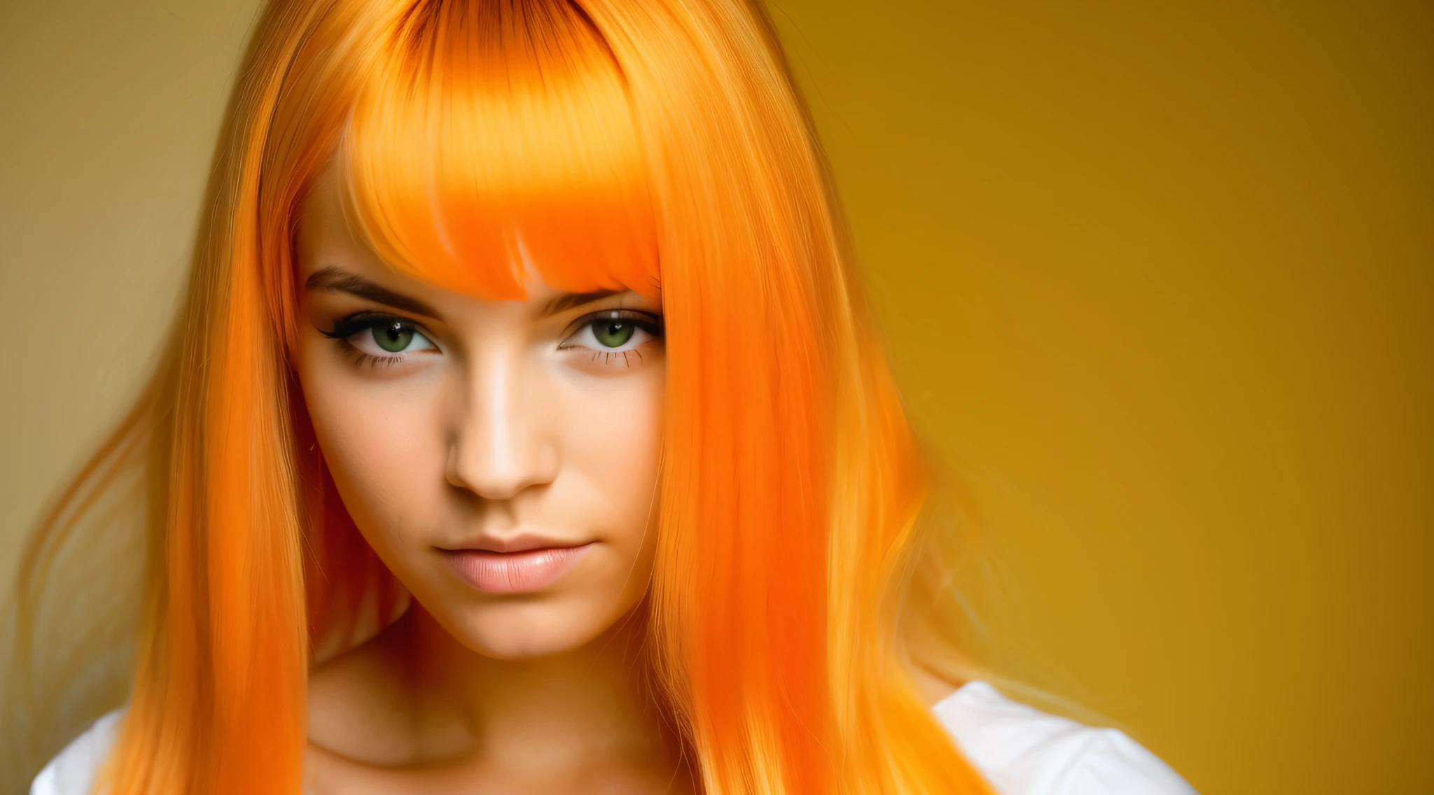 A closeup of a child with yellow hair and a white top, cabelo de fogo, cabelos flamejantes, cabelo feito de fogo, cabelo como fogo, her hair is made out of fire, her hair is on fire, cabelo laranja brilhante, projeto da menina chifres exuberantes, cabelo louco, cabelos eletrificados, cabelo de cenoura, longos cabelos loiros flamejantes, cabelo funky, orange hair